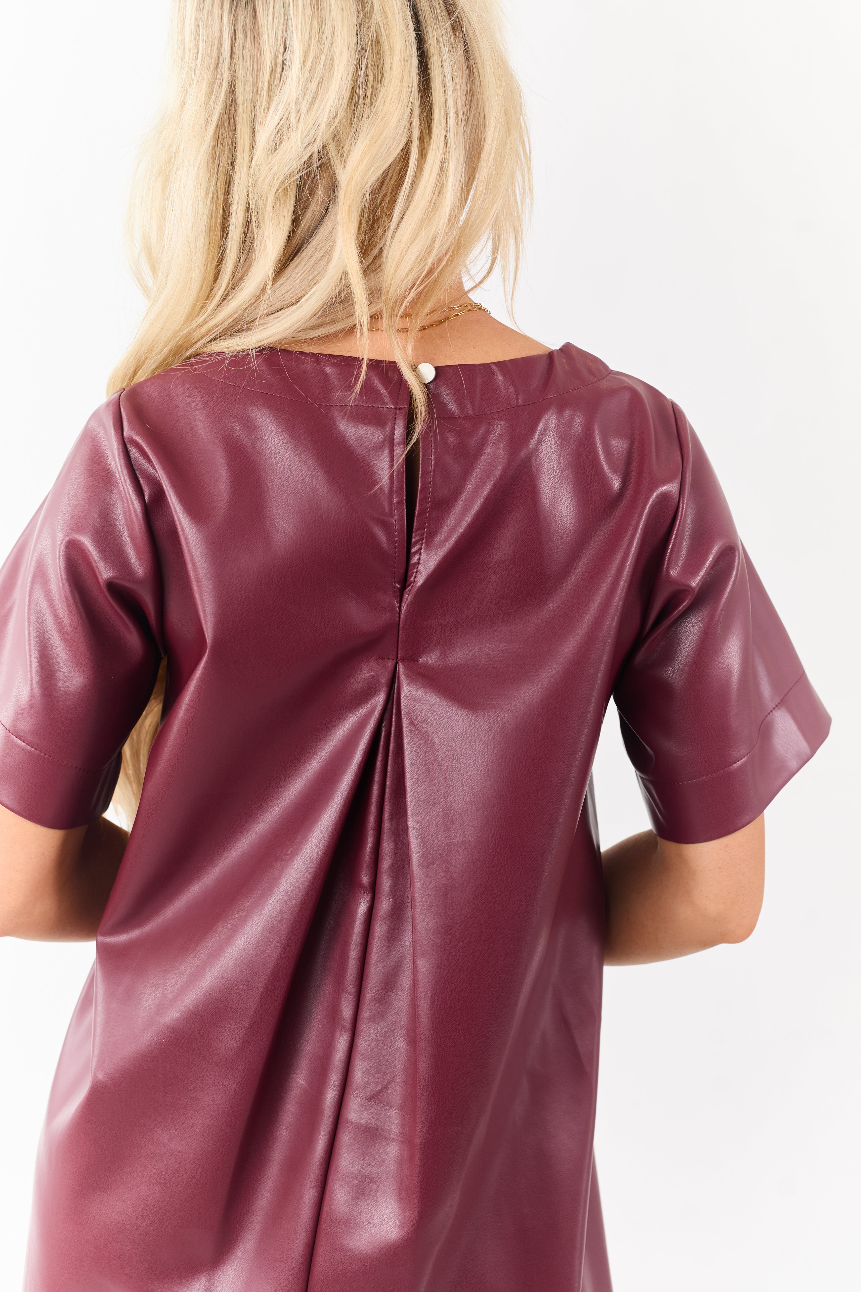 Lovelo Maroon Faux Leather Short Sleeve Mini Dress