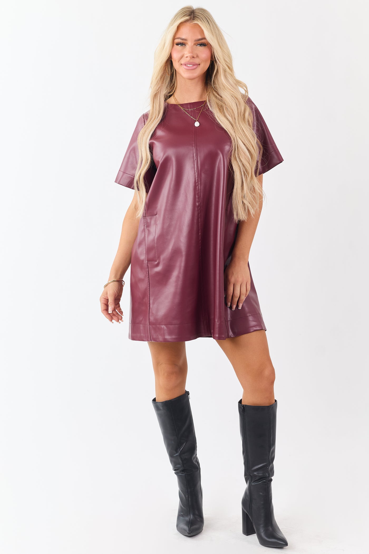 Lovelo Maroon Faux Leather Short Sleeve Mini Dress
