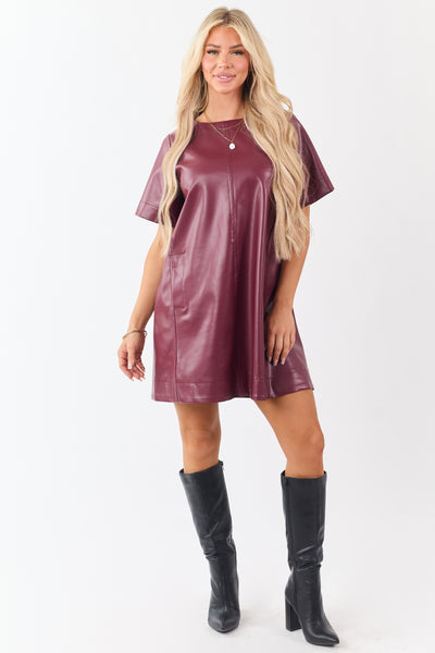 Lovelo Maroon Faux Leather Short Sleeve Mini Dress