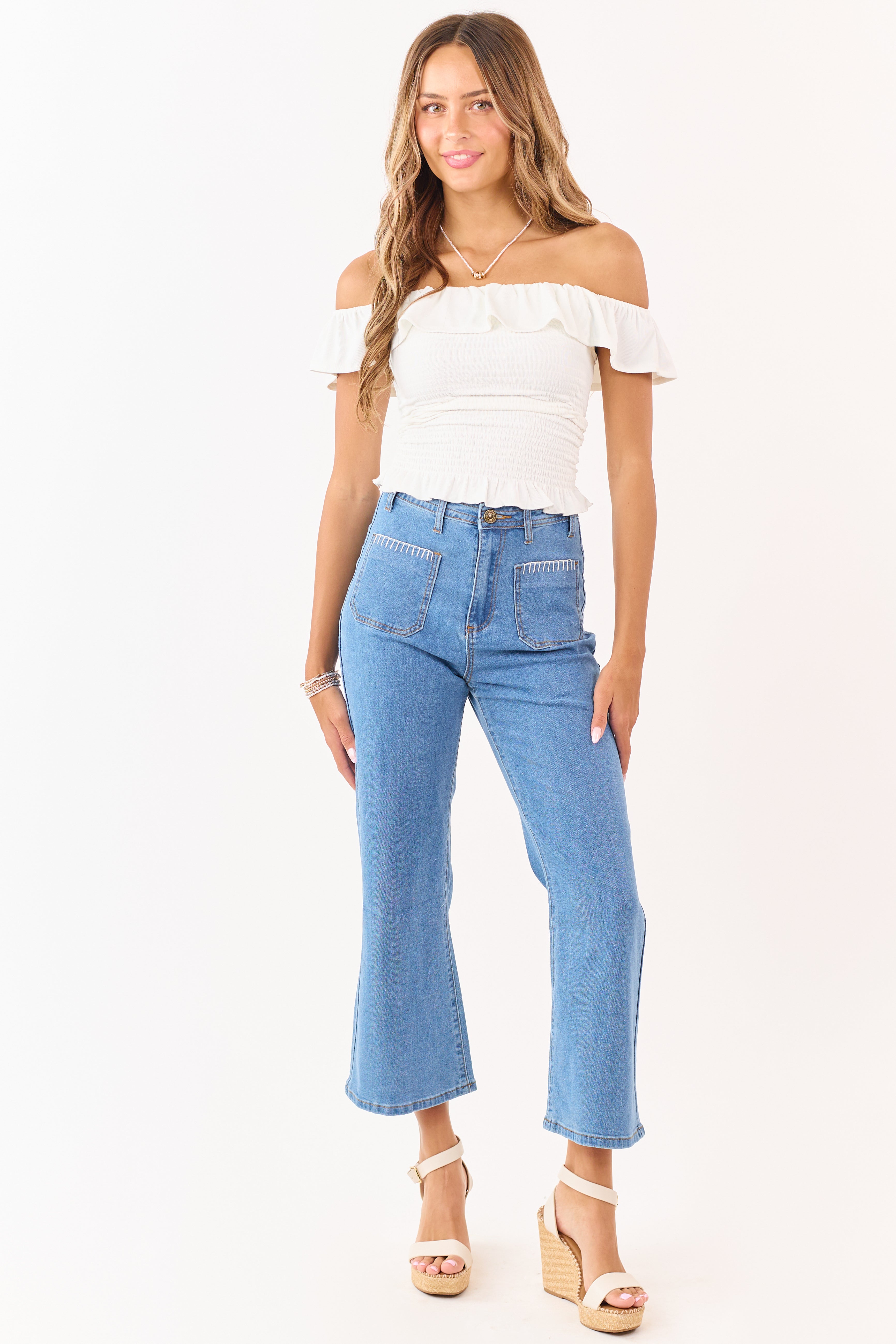 Lovelo Medium Wash Denim Stretchy Crop Straight Pants
