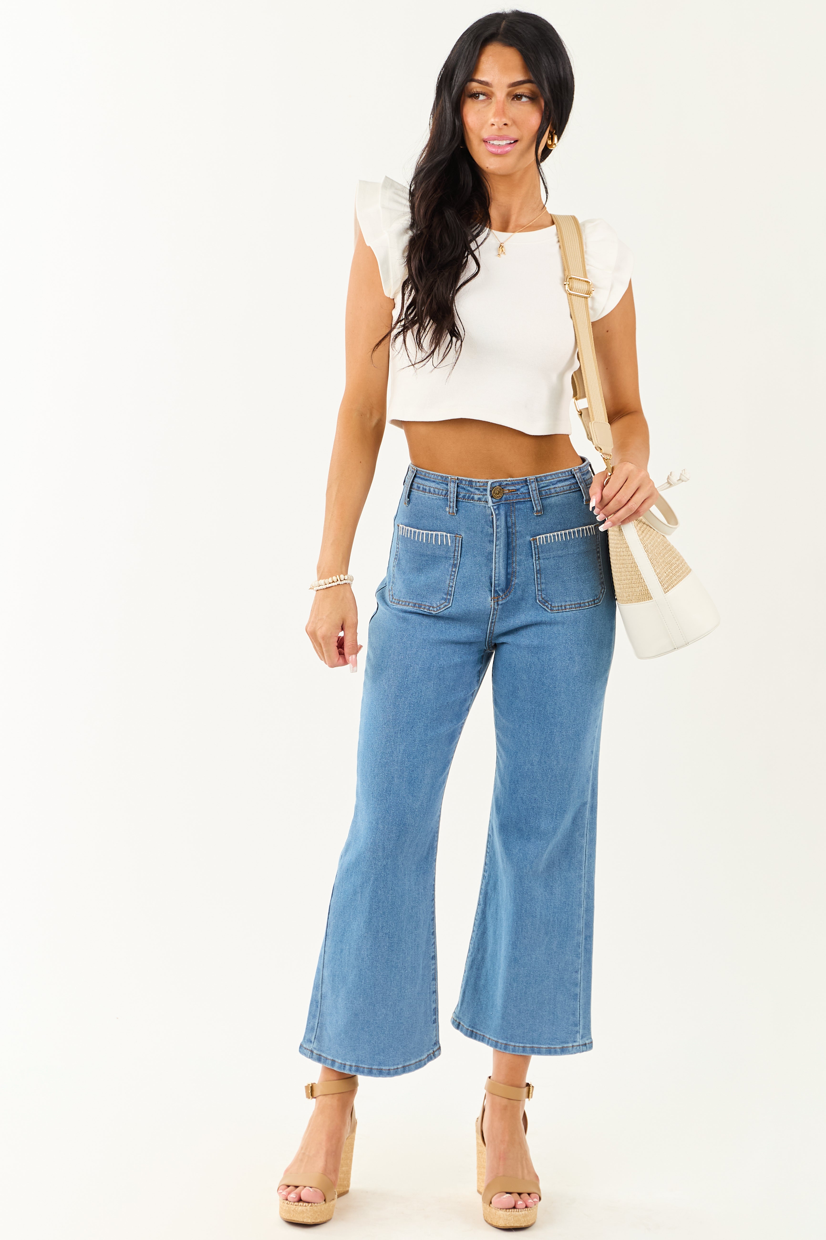 Lovelo Medium Wash Denim Stretchy Crop Straight Pants