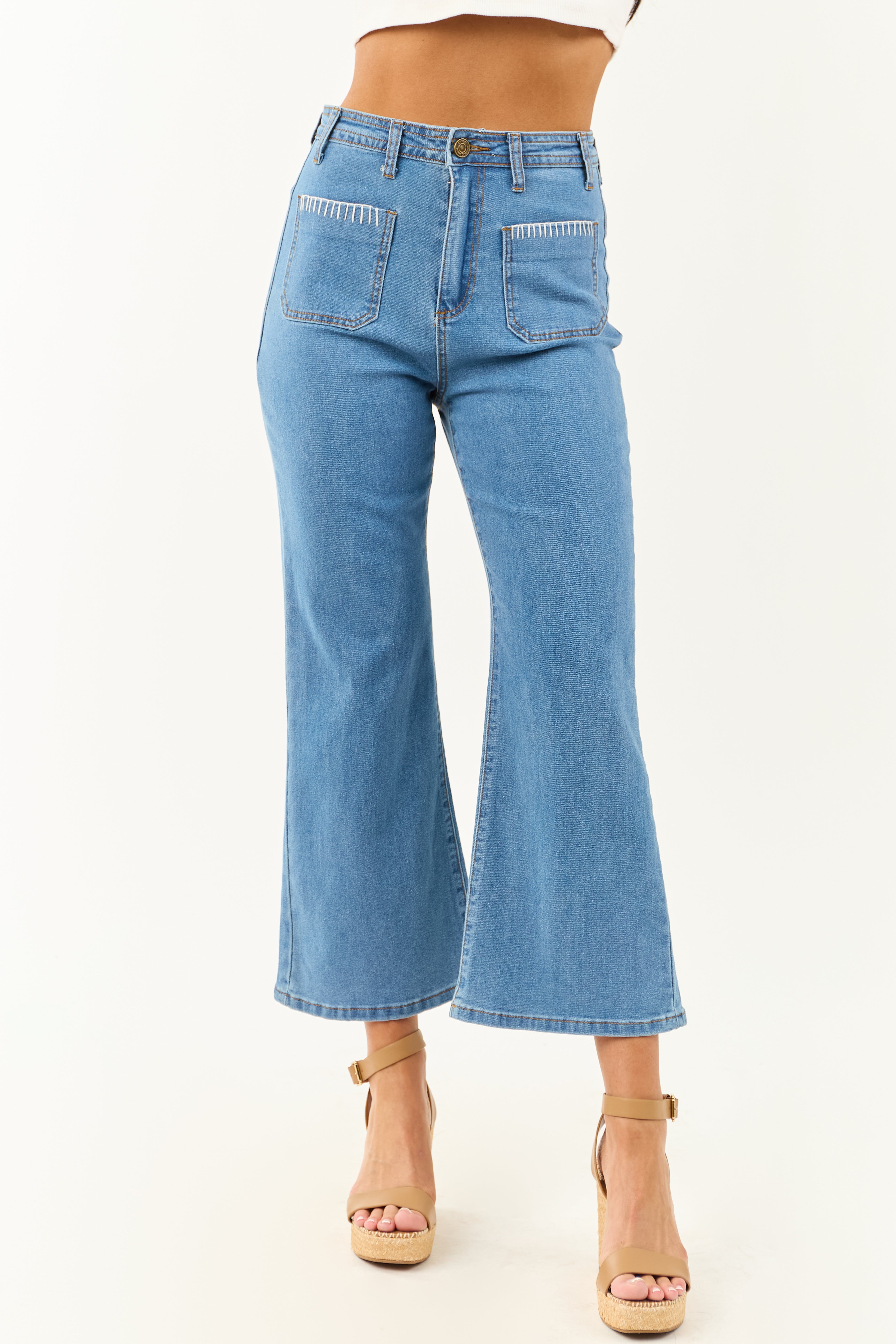 Lovelo Medium Wash Denim Stretchy Crop Straight Pants | Lime