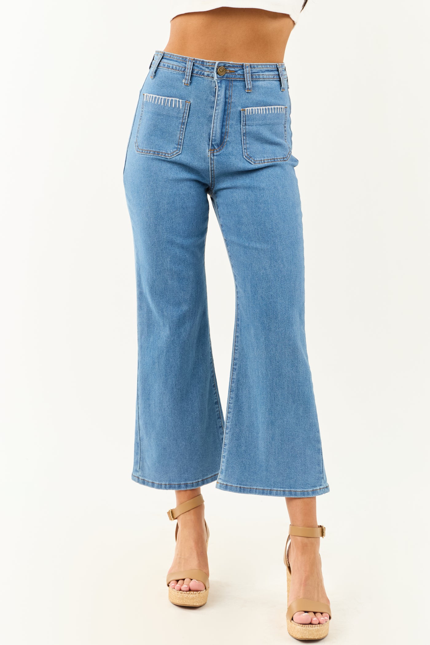 Lovelo Medium Wash Denim Stretchy Crop Straight Pants