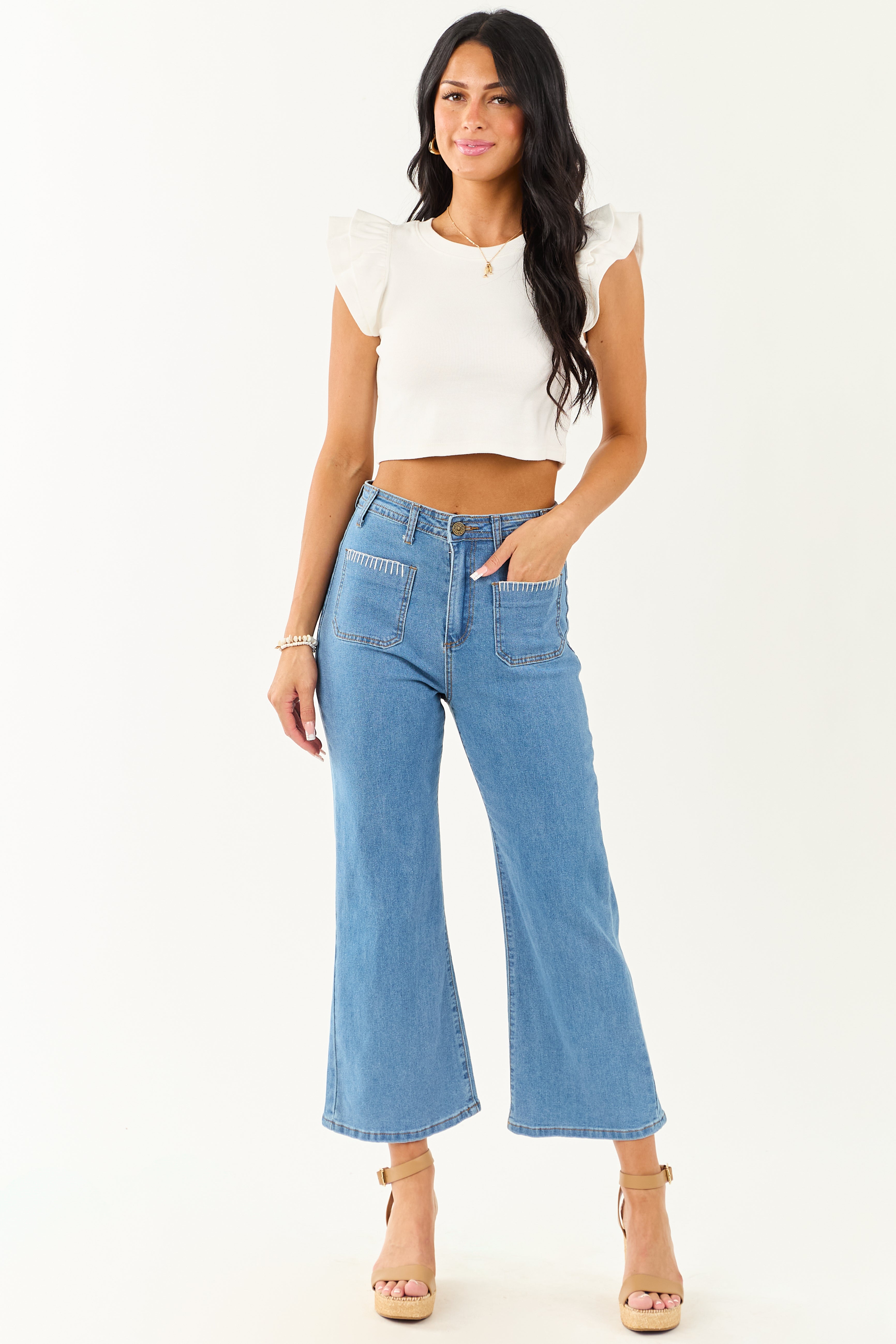 Lovelo Medium Wash Denim Stretchy Crop Straight Pants
