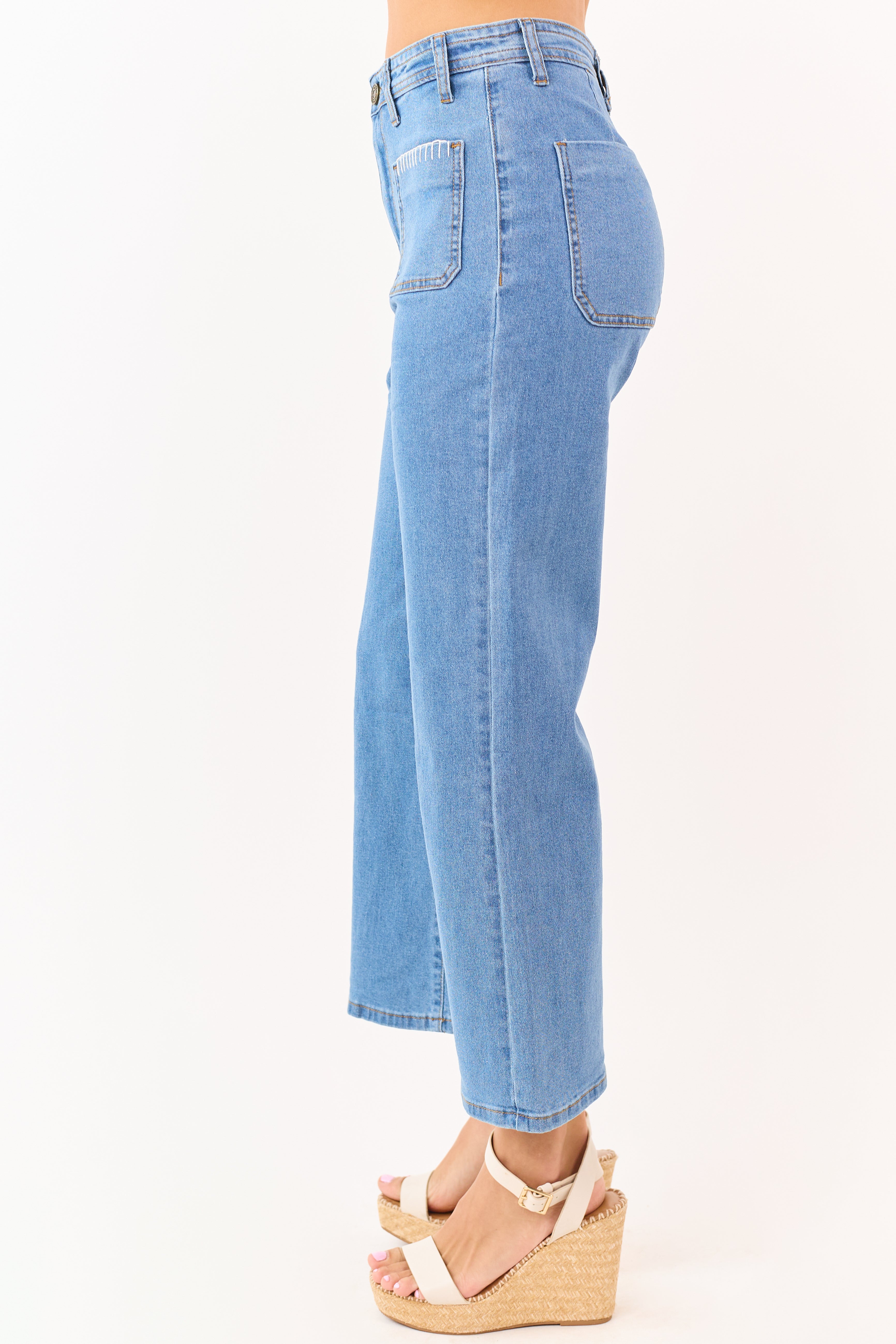 Lovelo Medium Wash Denim Stretchy Crop Straight Pants