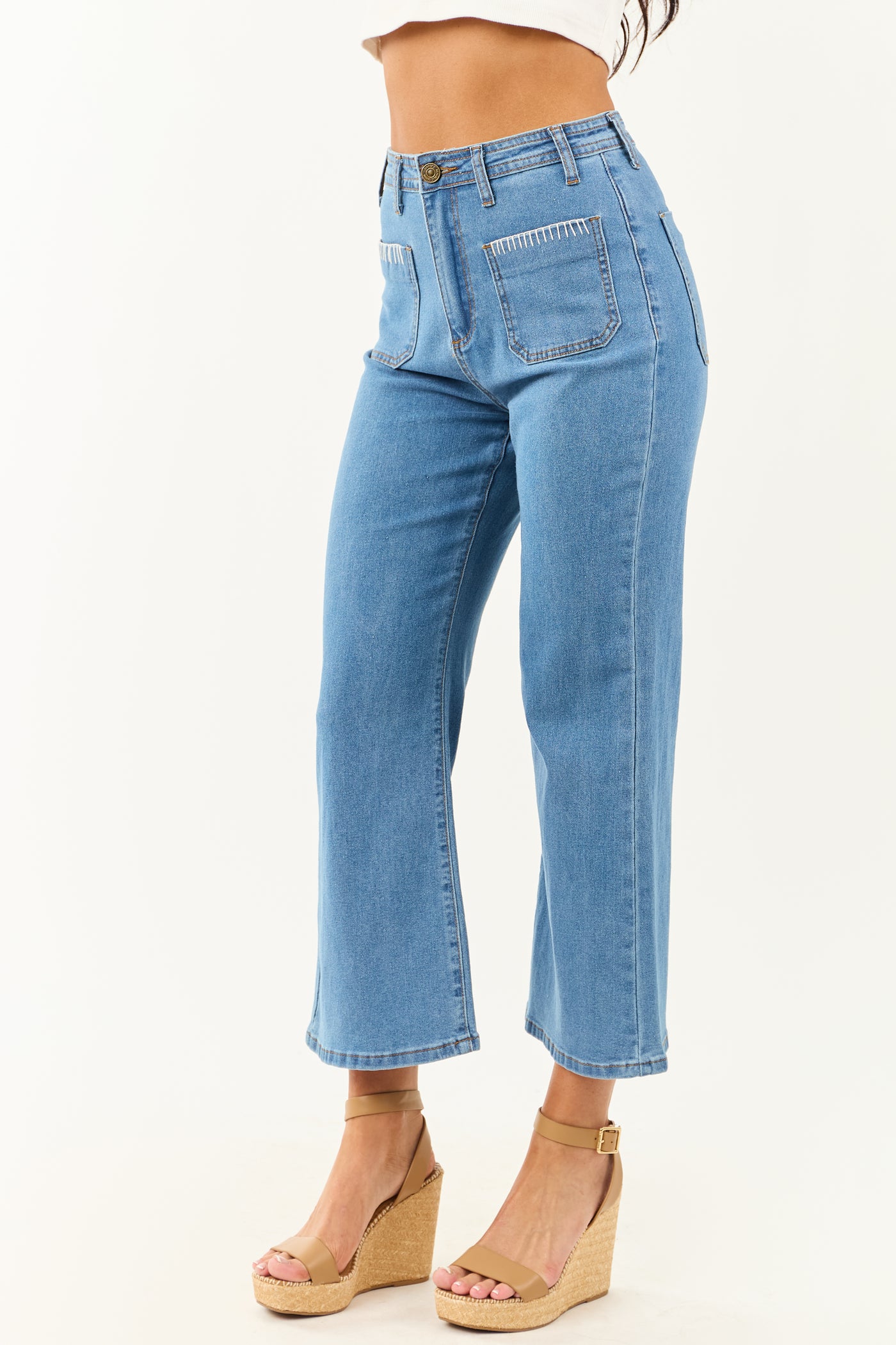 Lovelo Medium Wash Denim Stretchy Crop Straight Pants