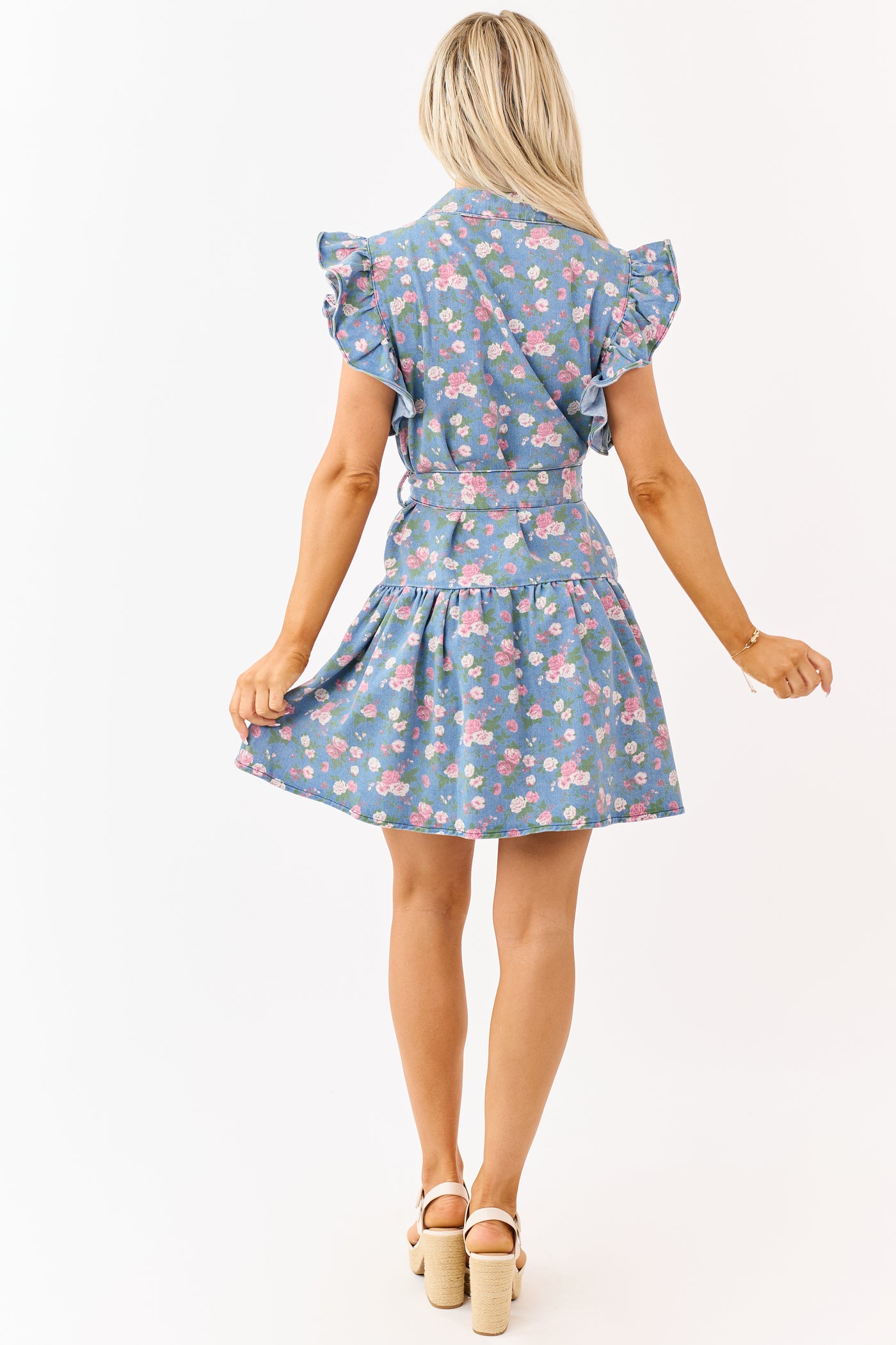 Lovelo Medium Wash Floral Button Up Denim Mini Dress