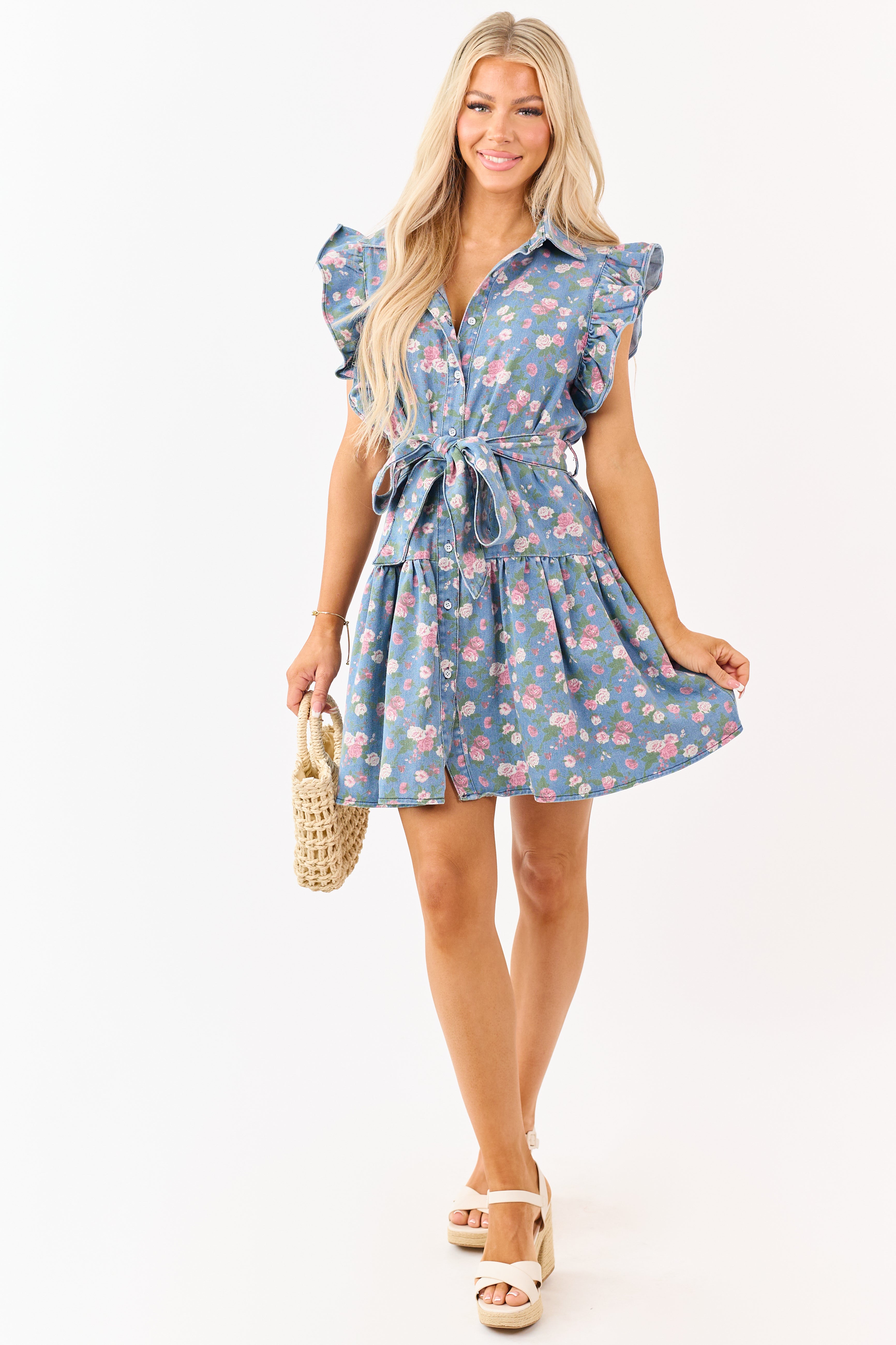 Lovelo Medium Wash Floral Button Up Denim Mini Dress Lovelo Medium Wash Floral Button Up Denim Mini Dress