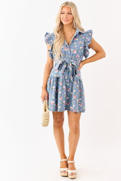 Lovelo Medium Wash Floral Button Up Denim Mini Dress