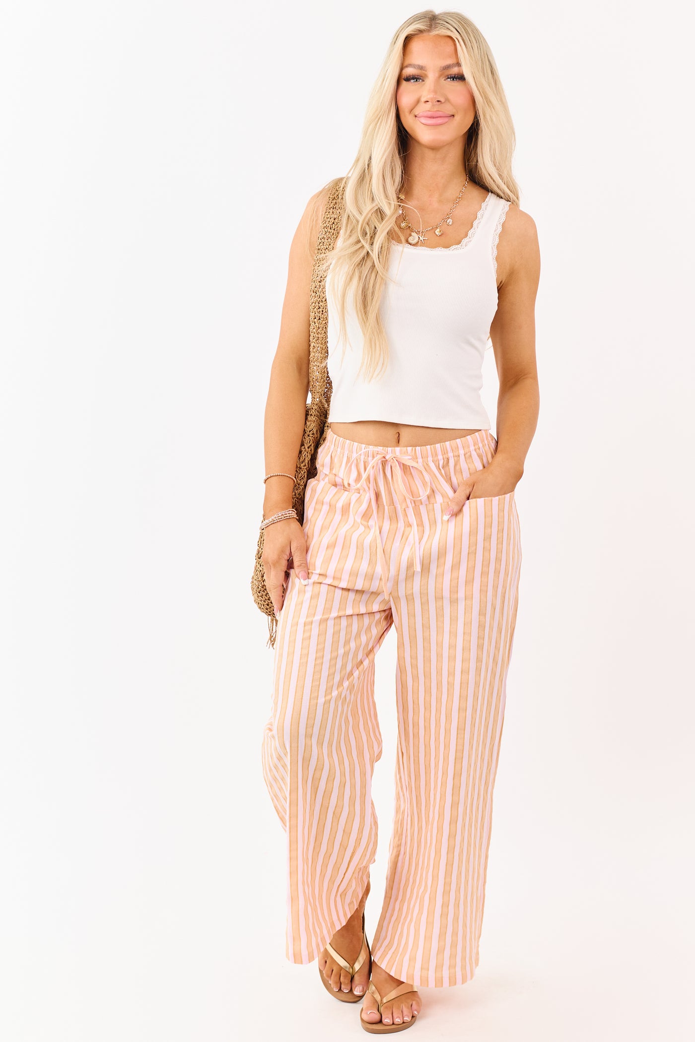 Lovelo Melon Cotton Striped Wide Leg Pants