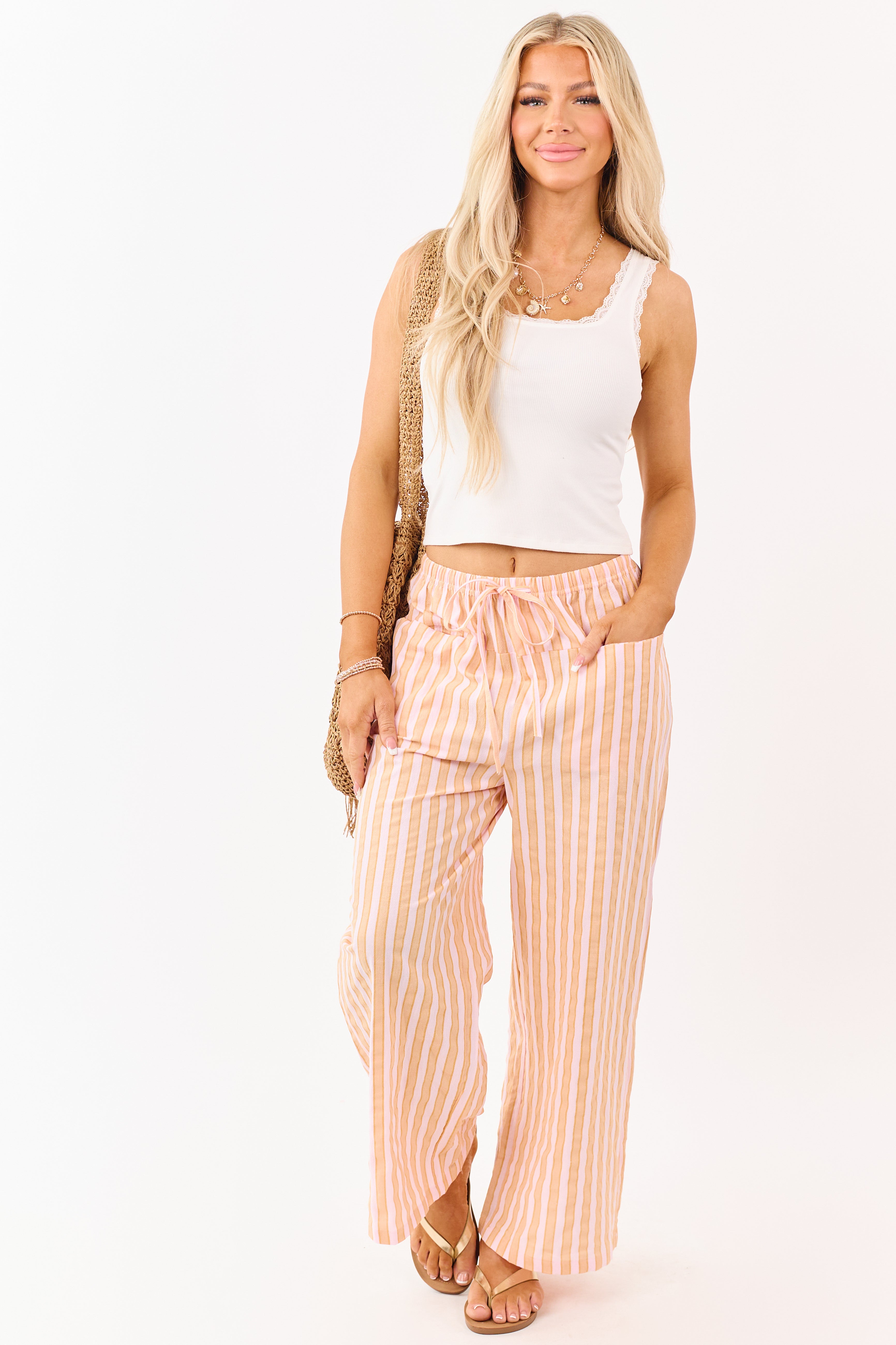 Lovelo Melon Cotton Striped Wide Leg Pants