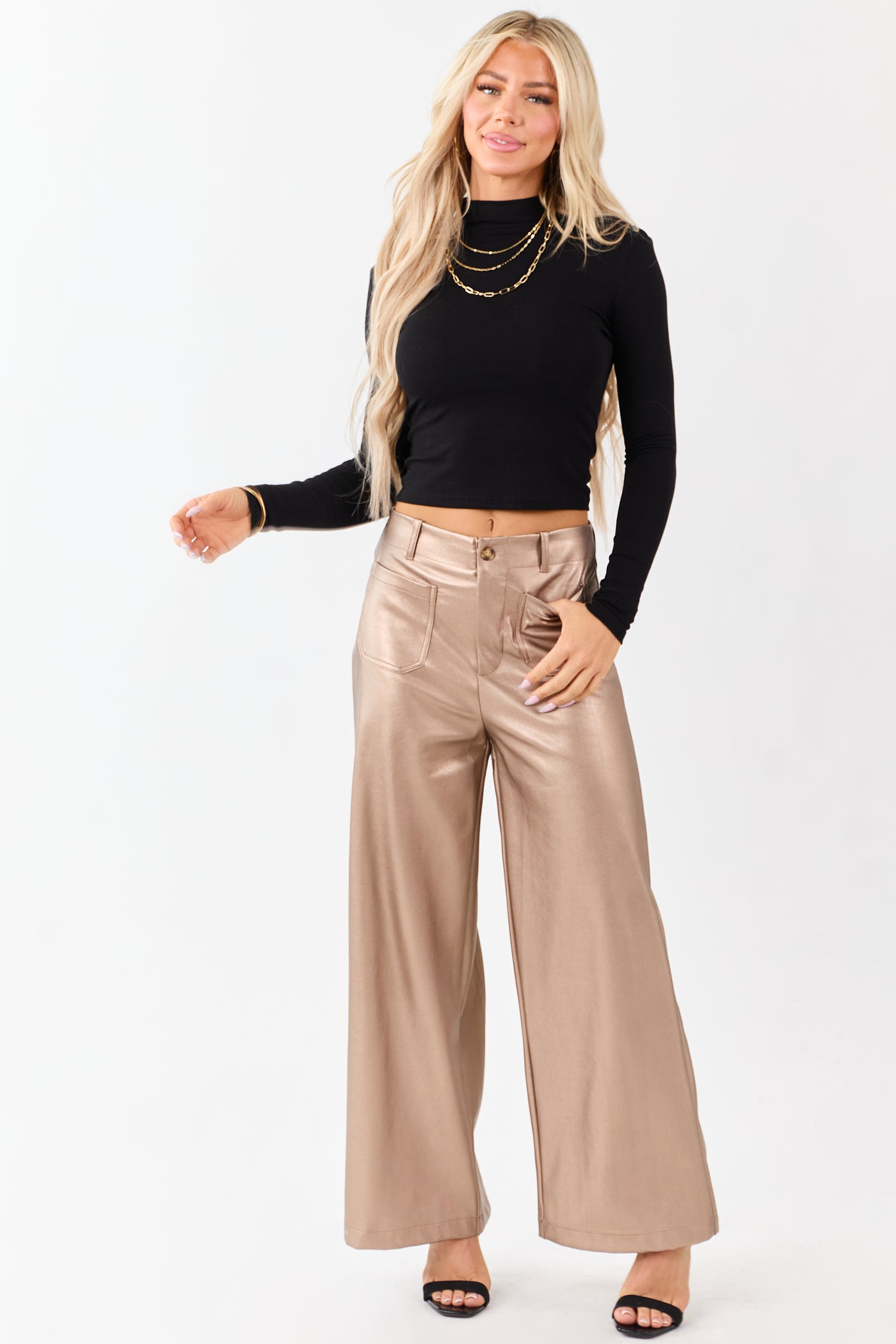 Lovelo Metallic Bronze Wide Leg Faux Leather Pants