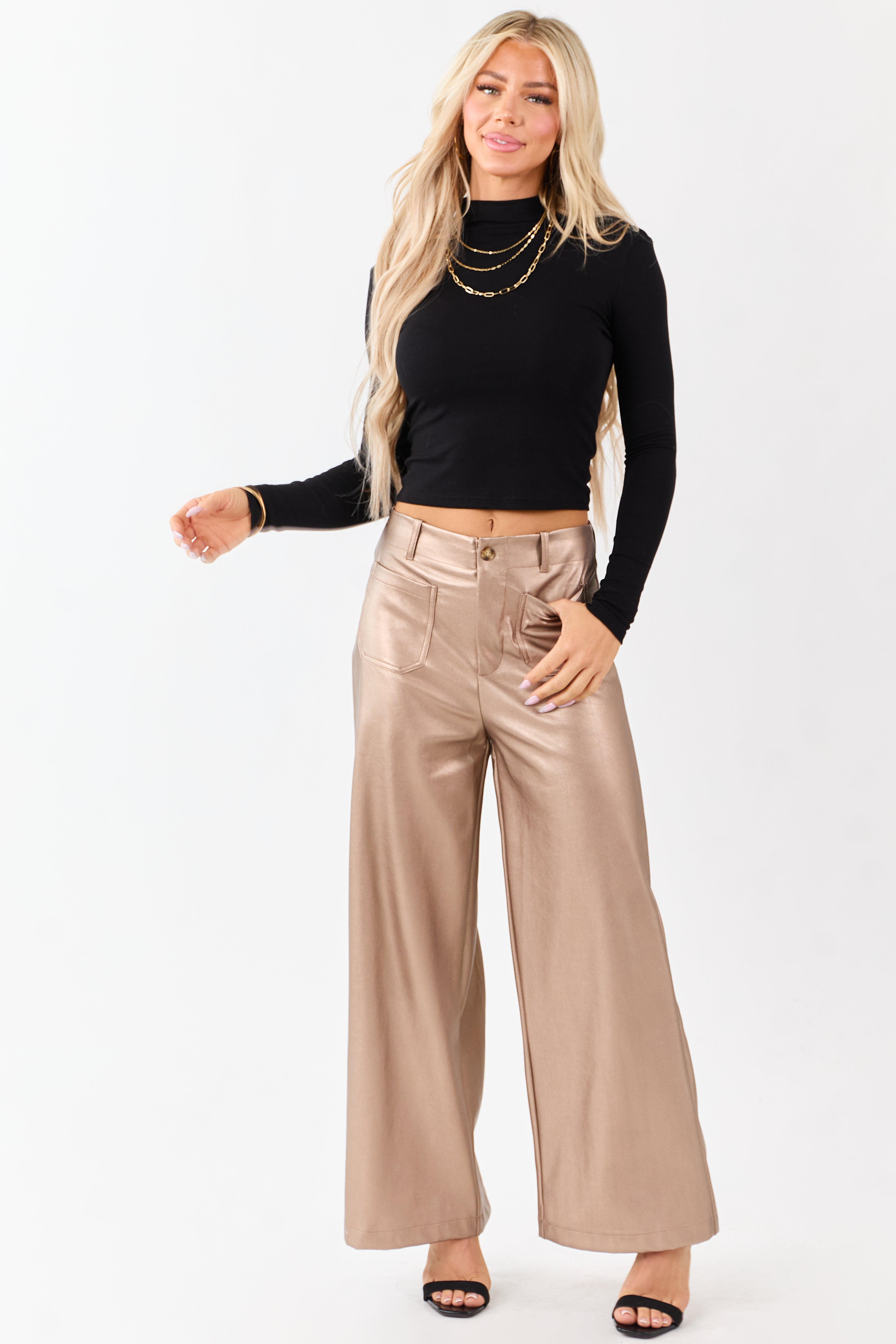 Lovelo Metallic Bronze Wide Leg Faux Leather Pants