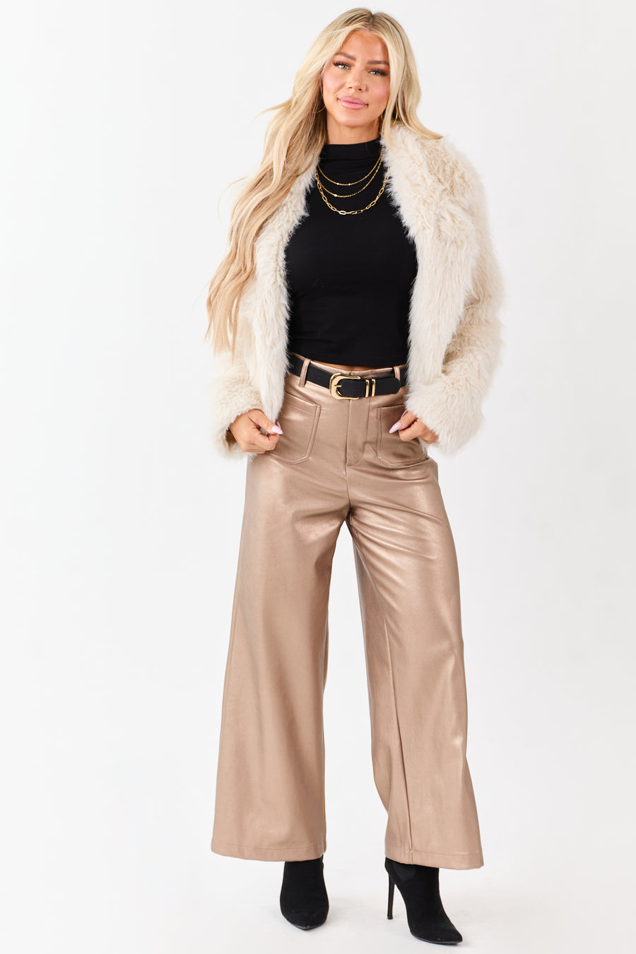 Lovelo Metallic Bronze Wide Leg Faux Leather Pants