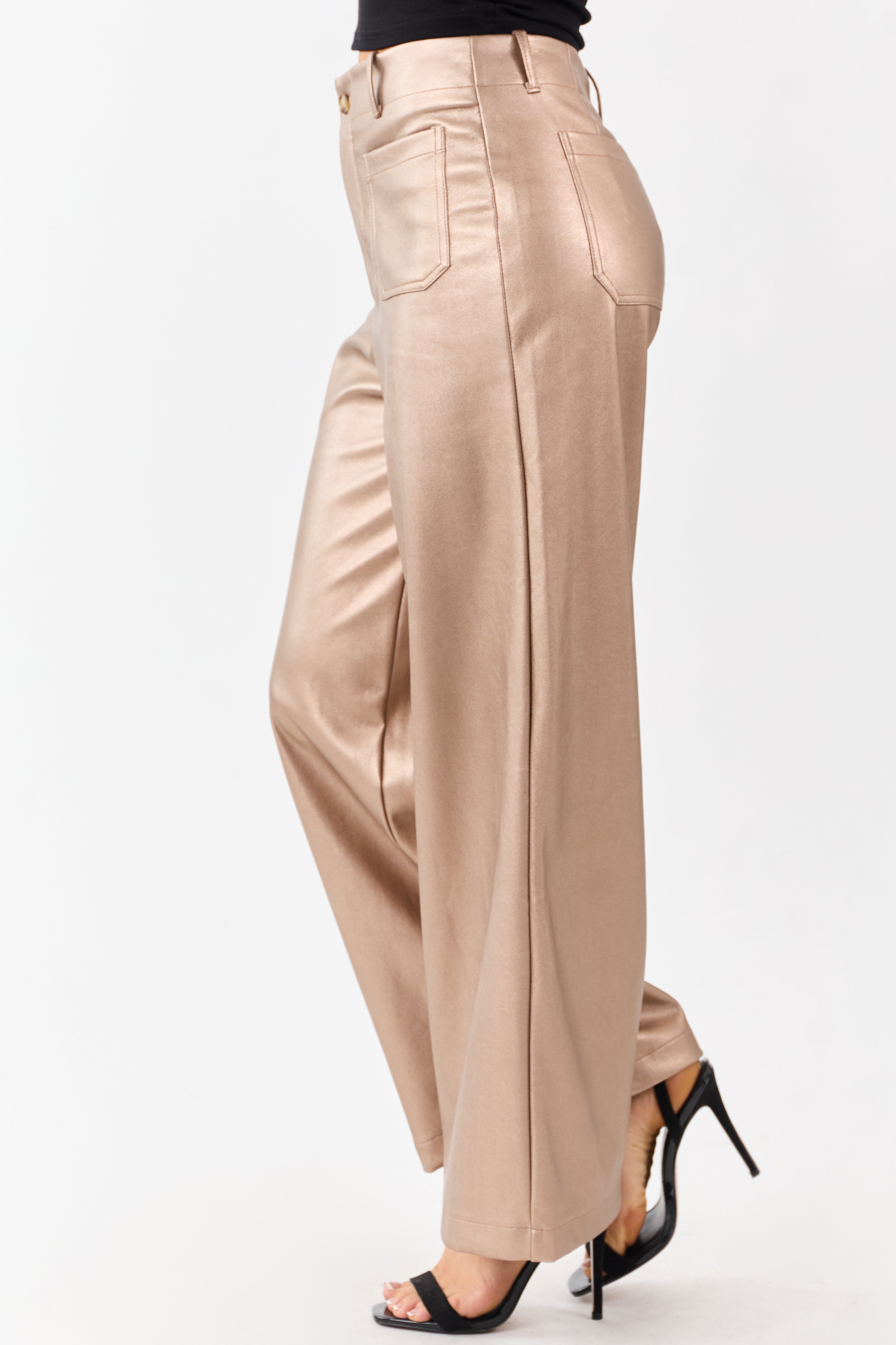 Lovelo Metallic Bronze Wide Leg Faux Leather Pants | Lime Lush