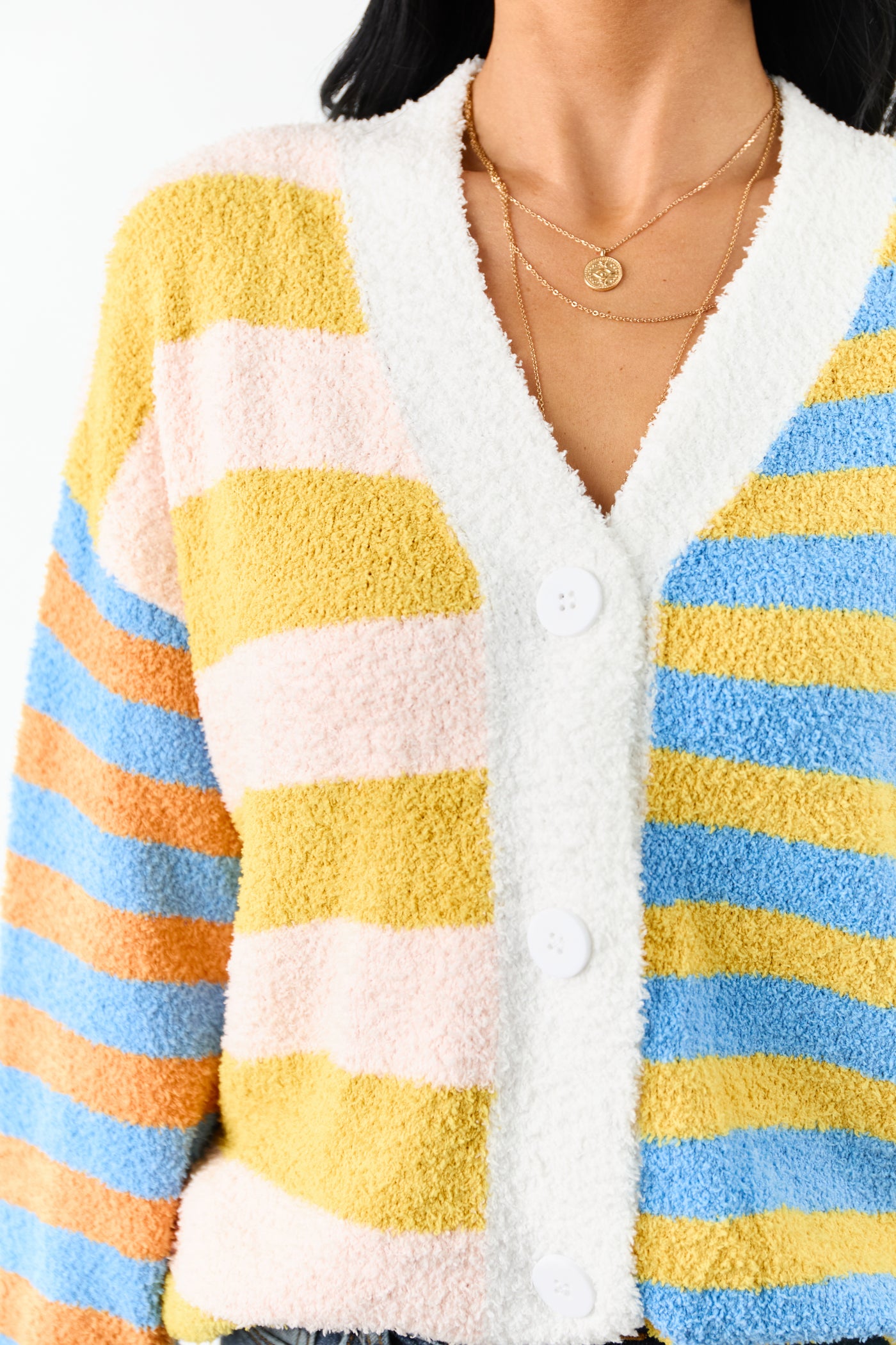 Lovelo Multicolor Striped Button Up Fuzzy Cardigan