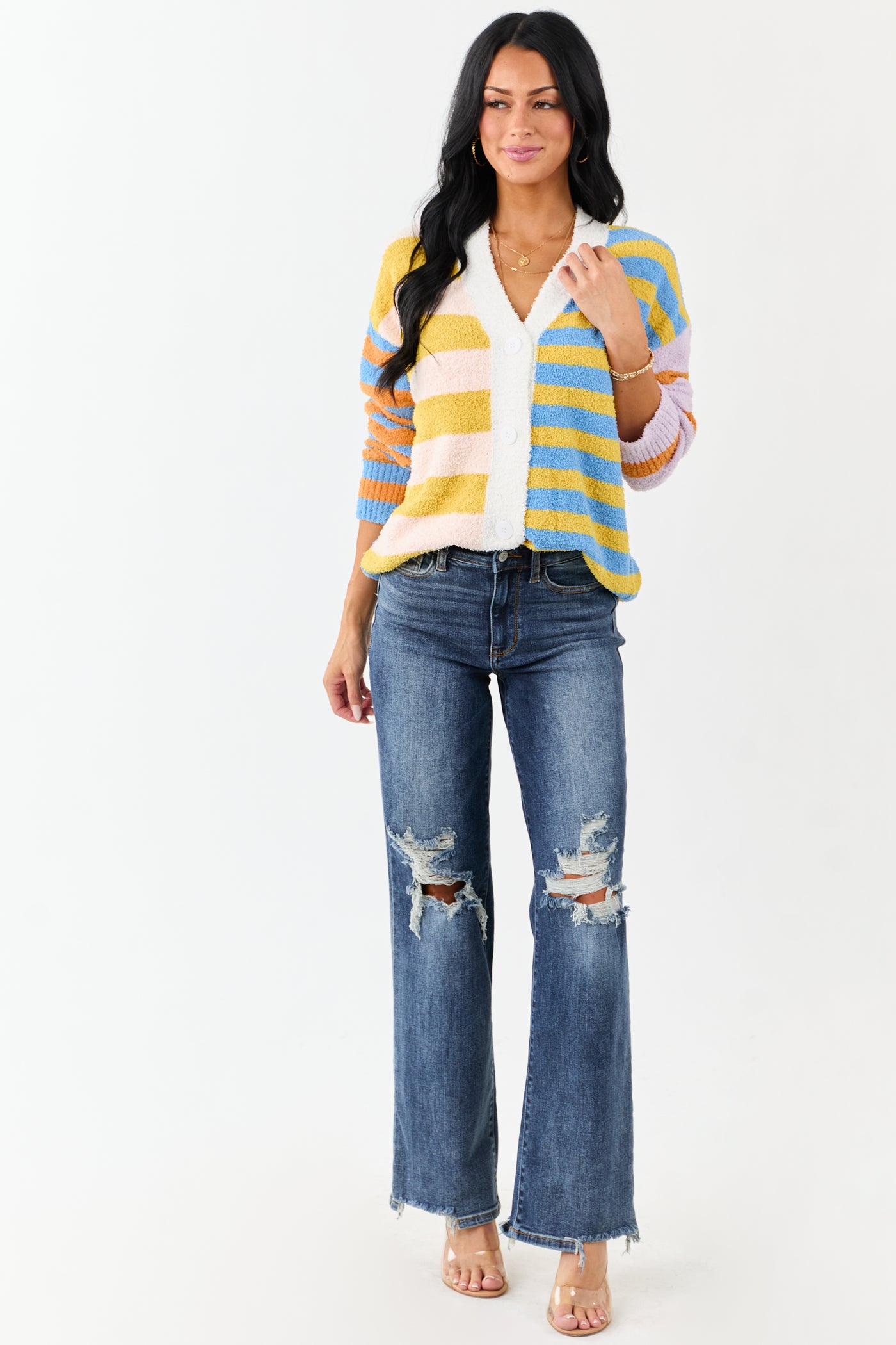 Lovelo Multicolor Striped Button Up Fuzzy Cardigan