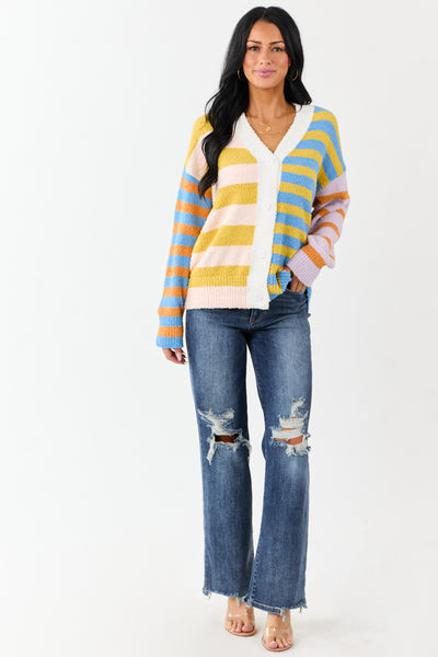 Lovelo Multicolor Striped Button Up Fuzzy Cardigan