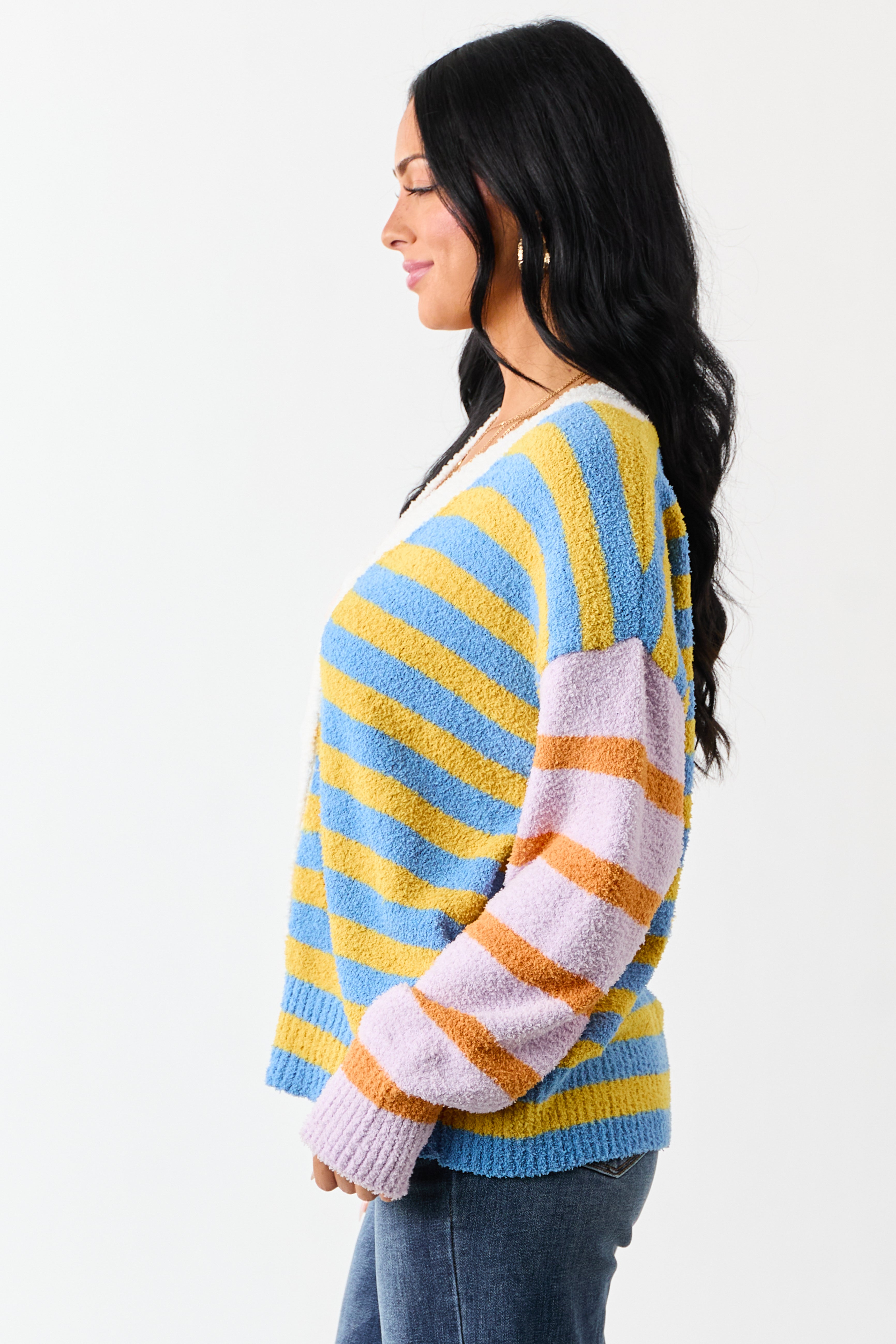 Lovelo Multicolor Striped Button Up Fuzzy Cardigan