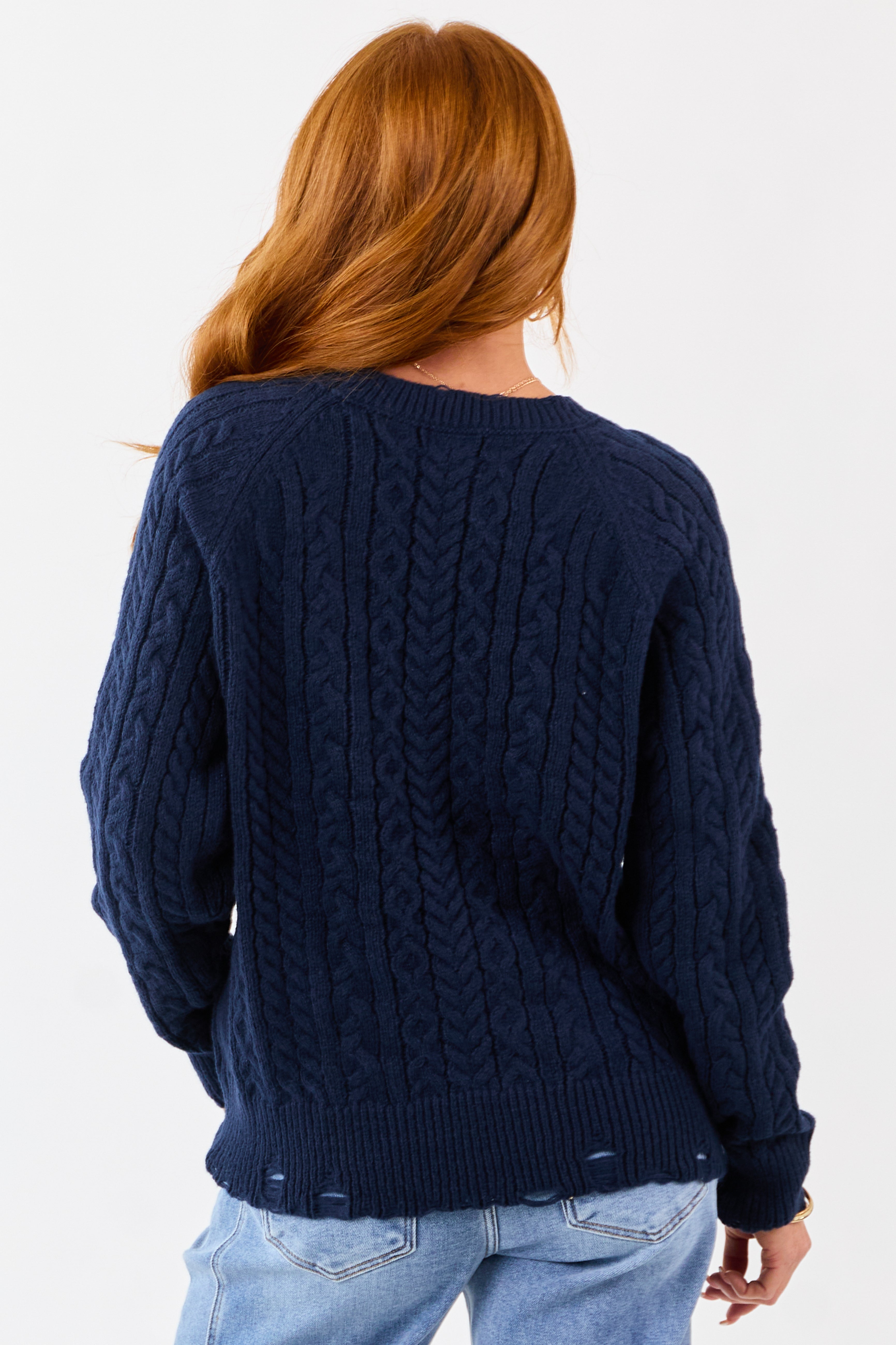 Lovelo Navy Cable Knit American Flag Detail Sweater