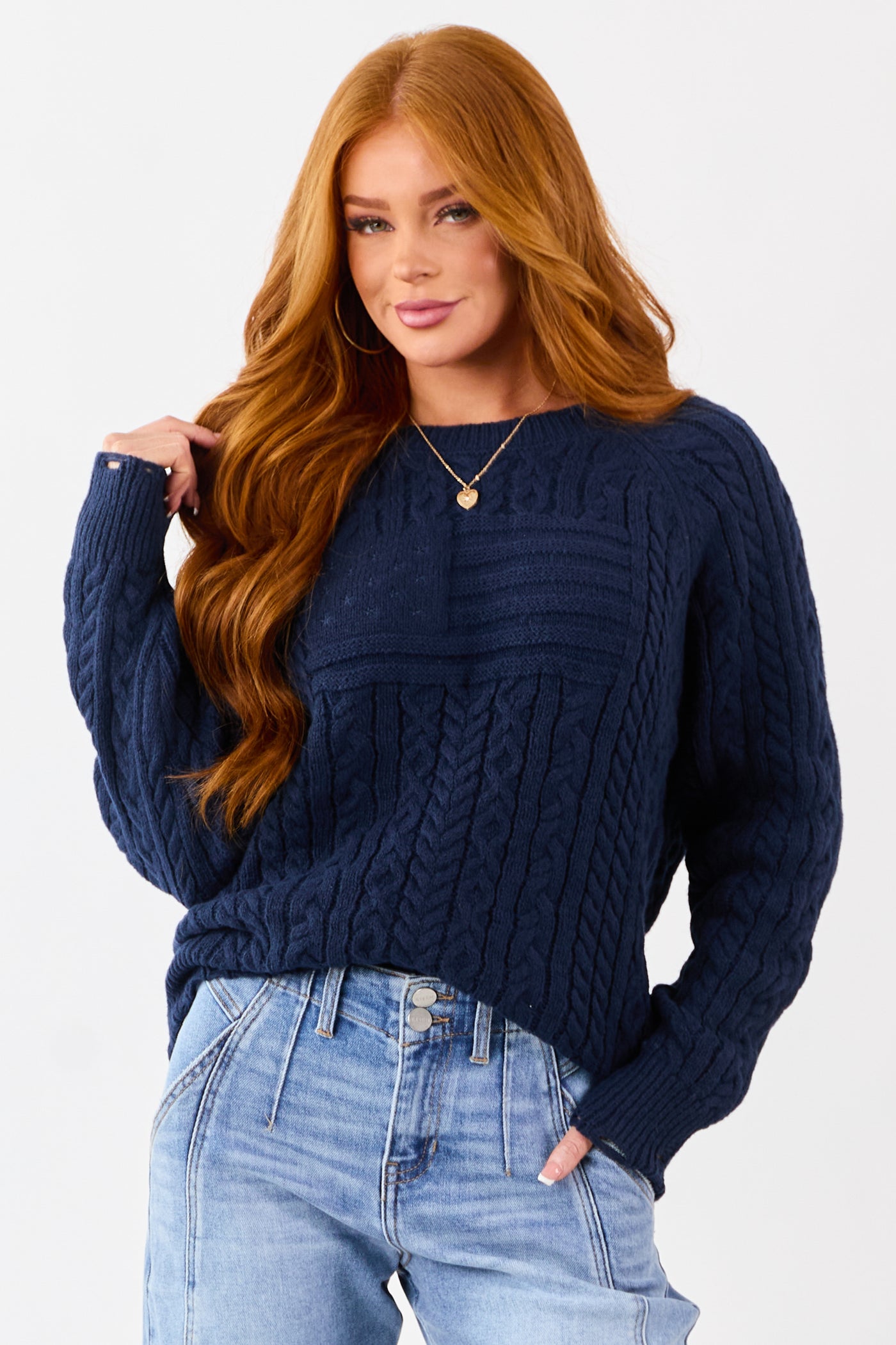 Lovelo Navy Cable Knit American Flag Detail Sweater