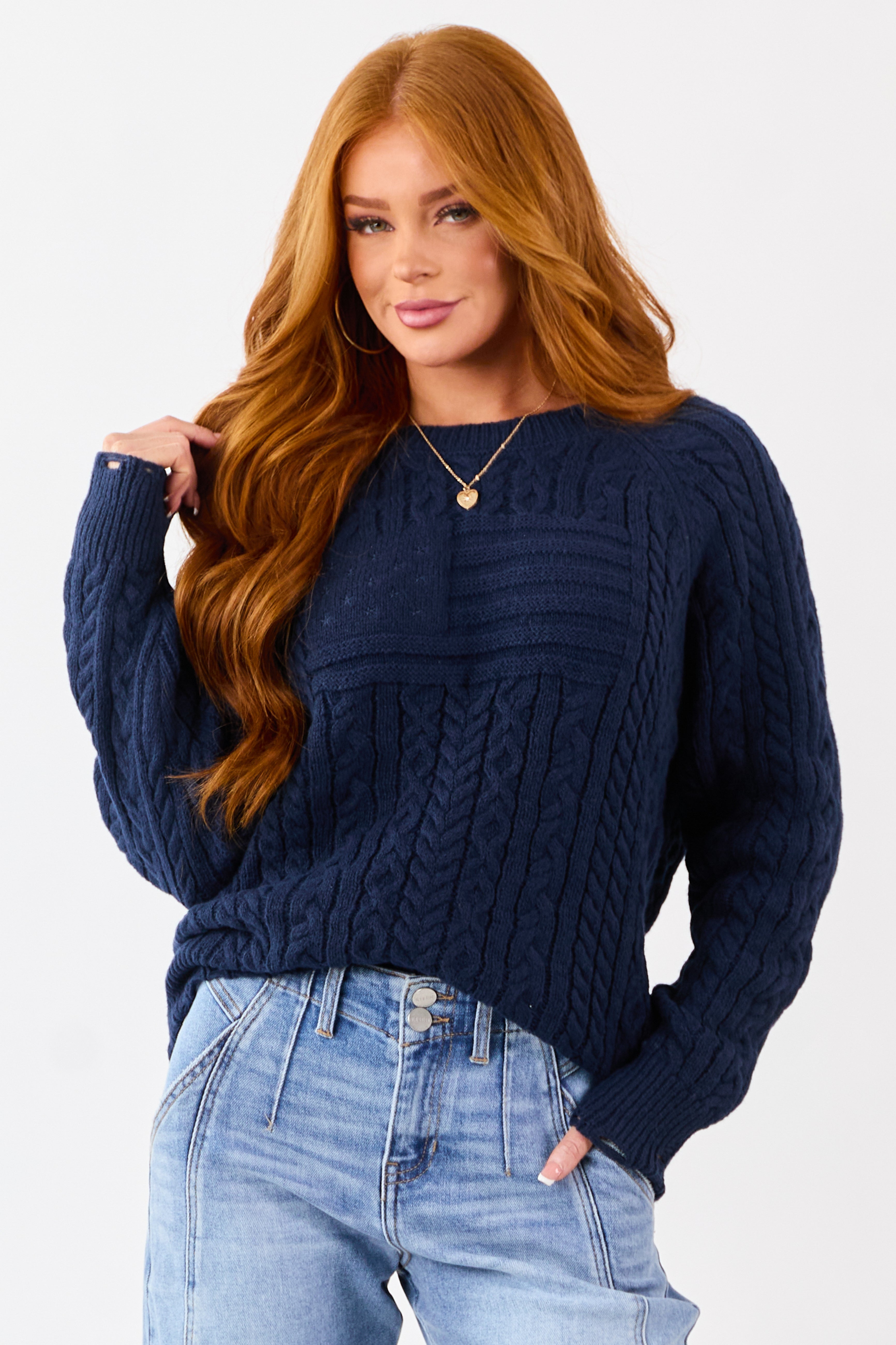 Lovelo Navy Cable Knit American Flag Detail Sweater