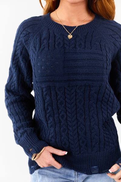 Lovelo Navy Cable Knit American Flag Detail Sweater