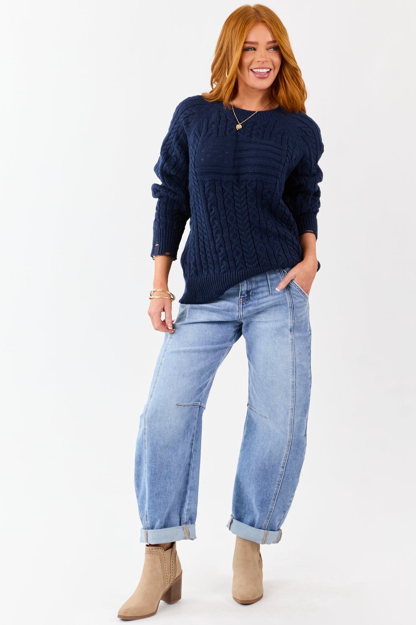 Lovelo Navy Cable Knit American Flag Detail Sweater