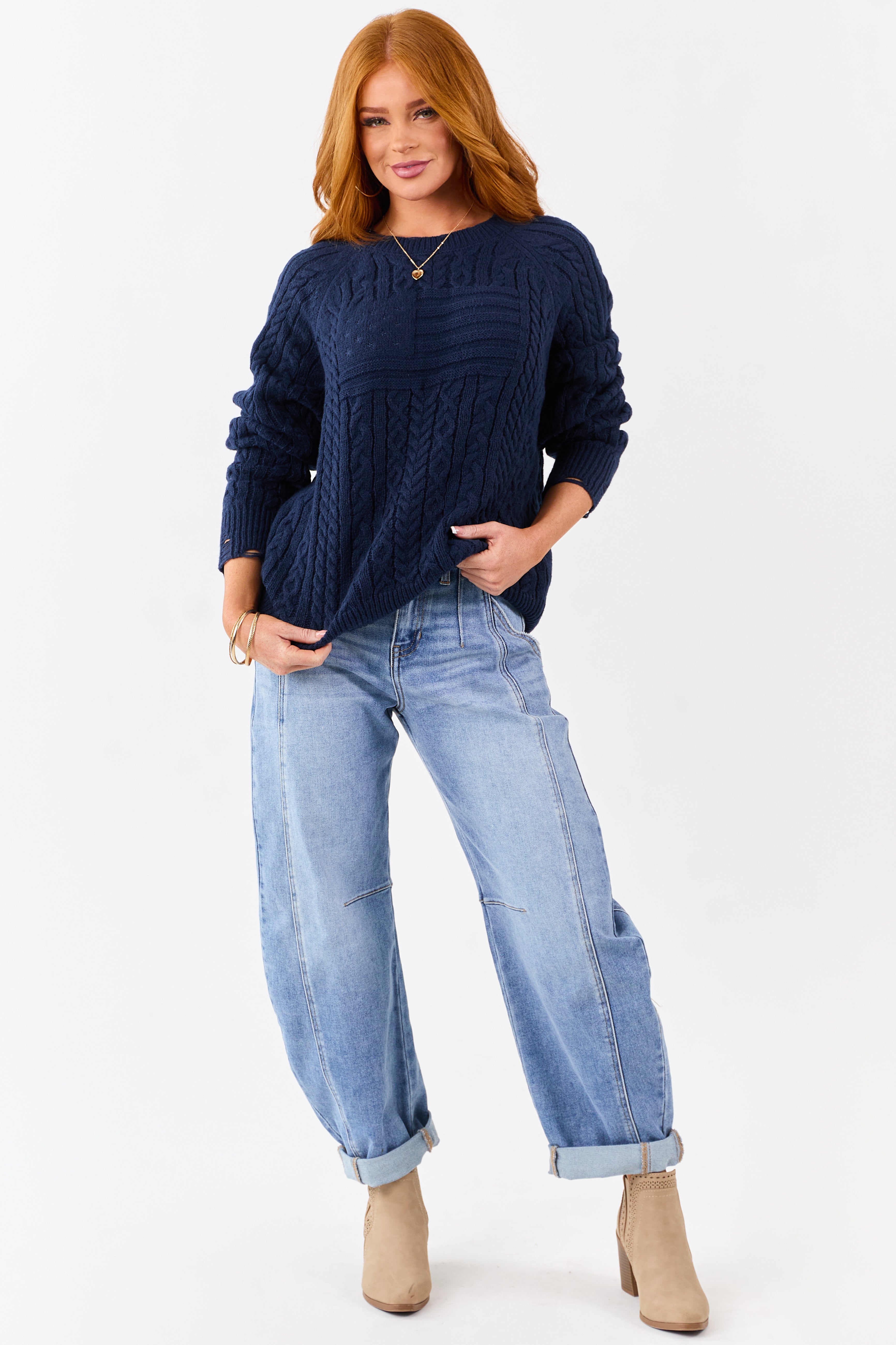 Lovelo Navy Cable Knit American Flag Detail Sweater