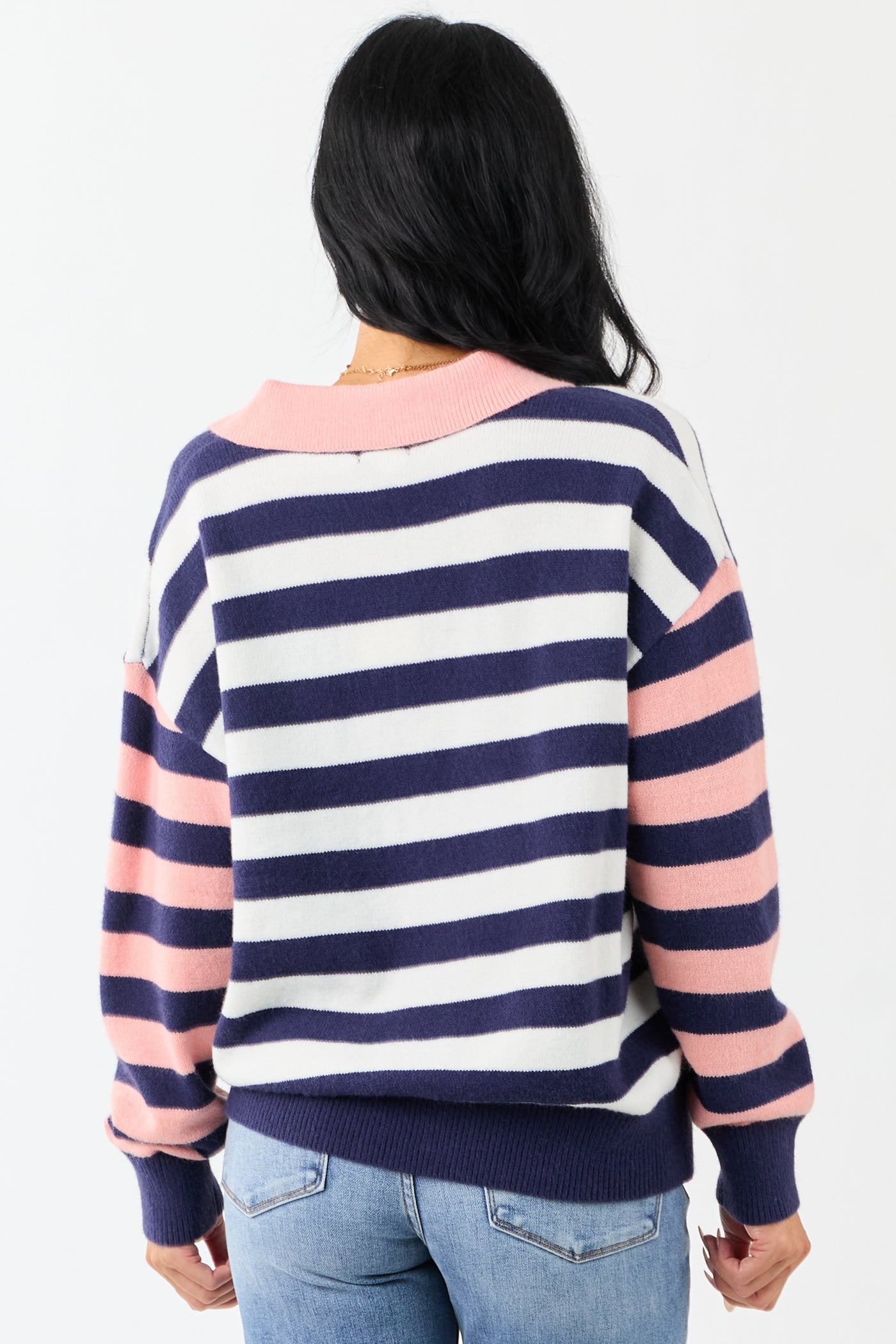 Lovelo Navy and Coral Striped Collared Sweater