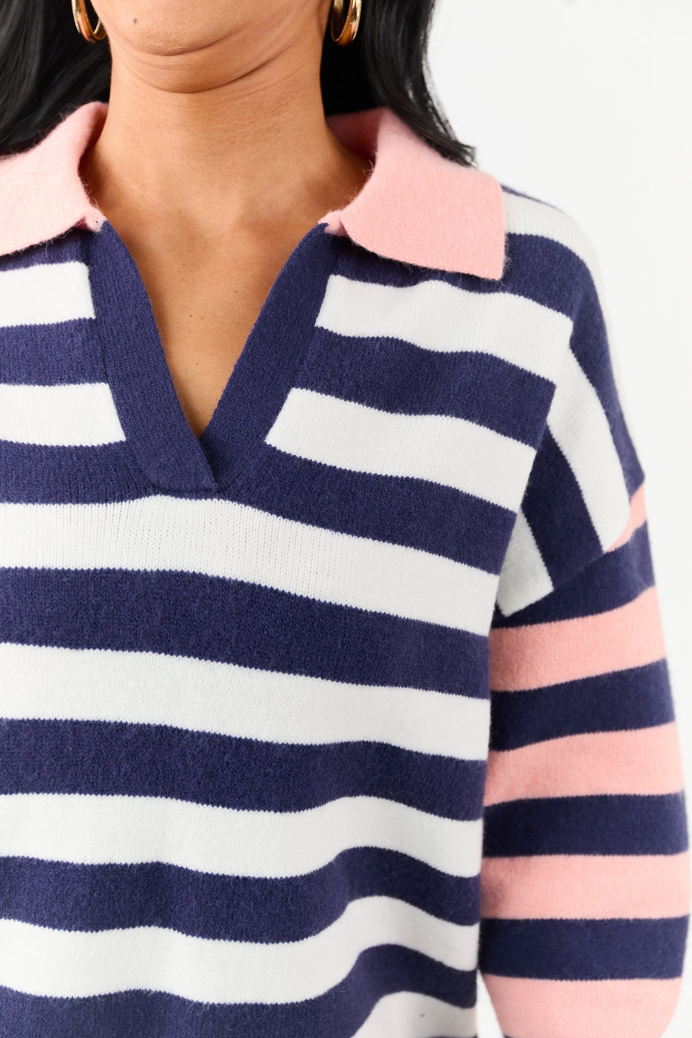 Lovelo Navy and Coral Striped Collared Sweater