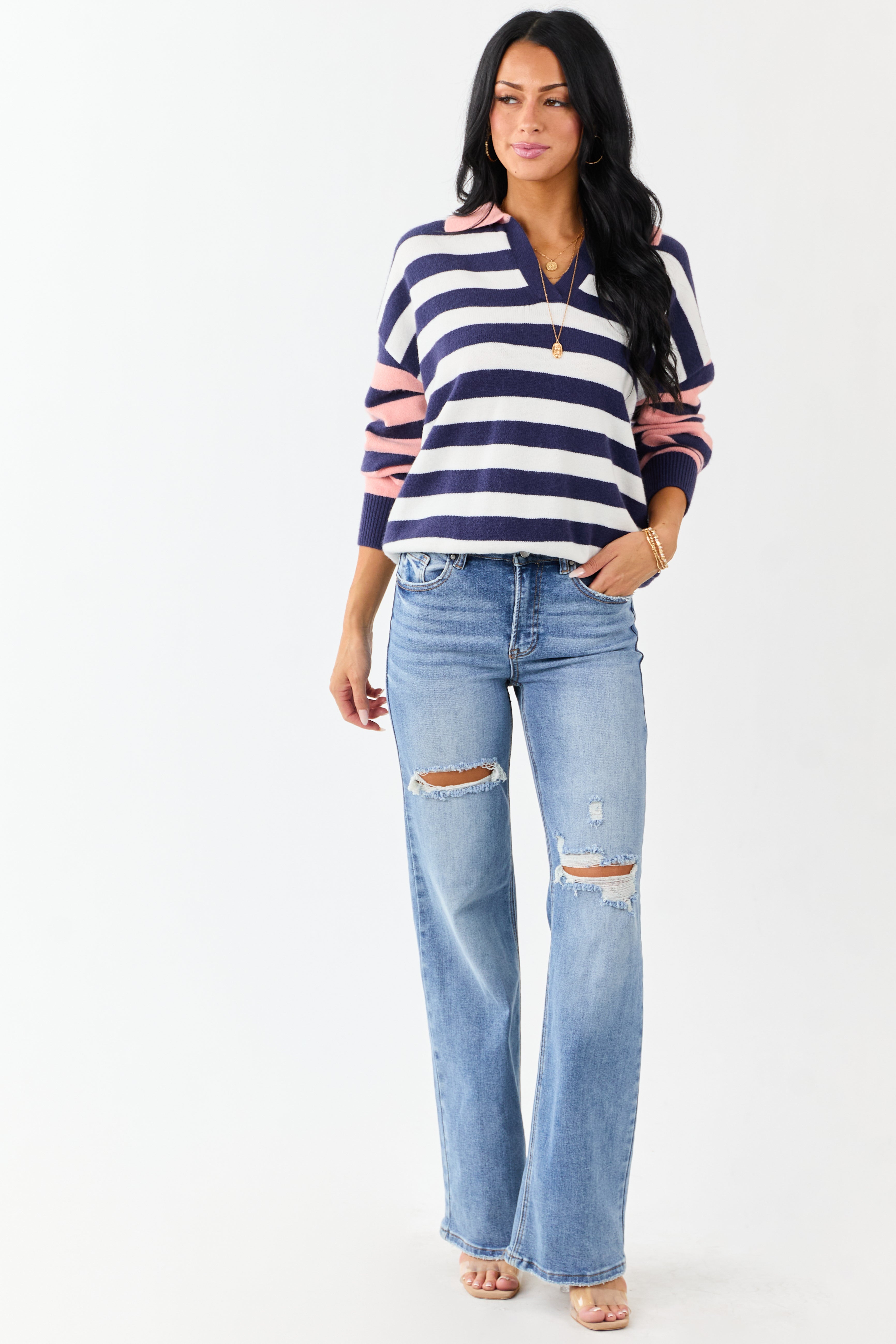Lovelo Navy and Coral Striped Collared Sweater