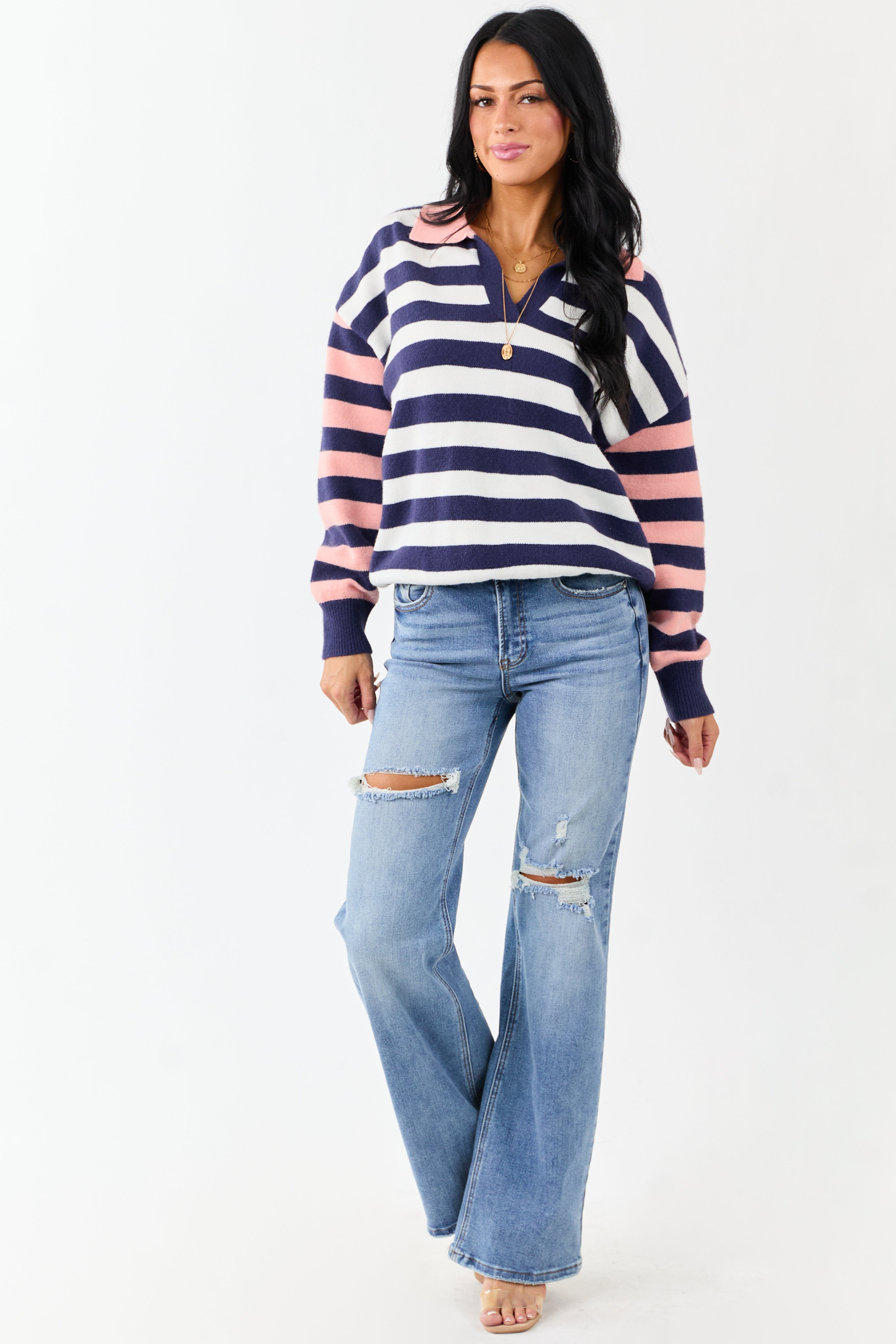 Lovelo Navy and Coral Striped Collared Sweater