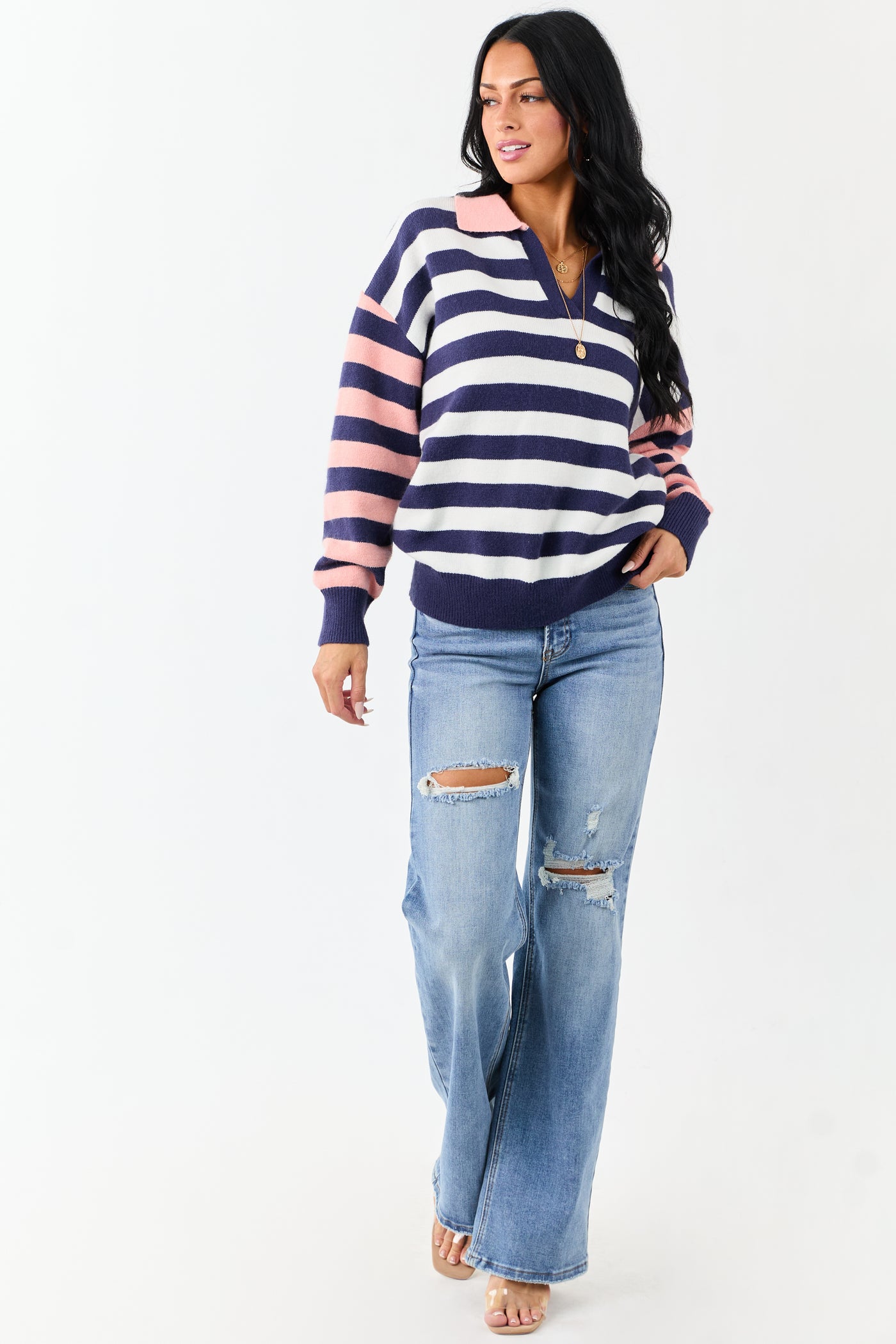 Lovelo Navy and Coral Striped Collared Sweater