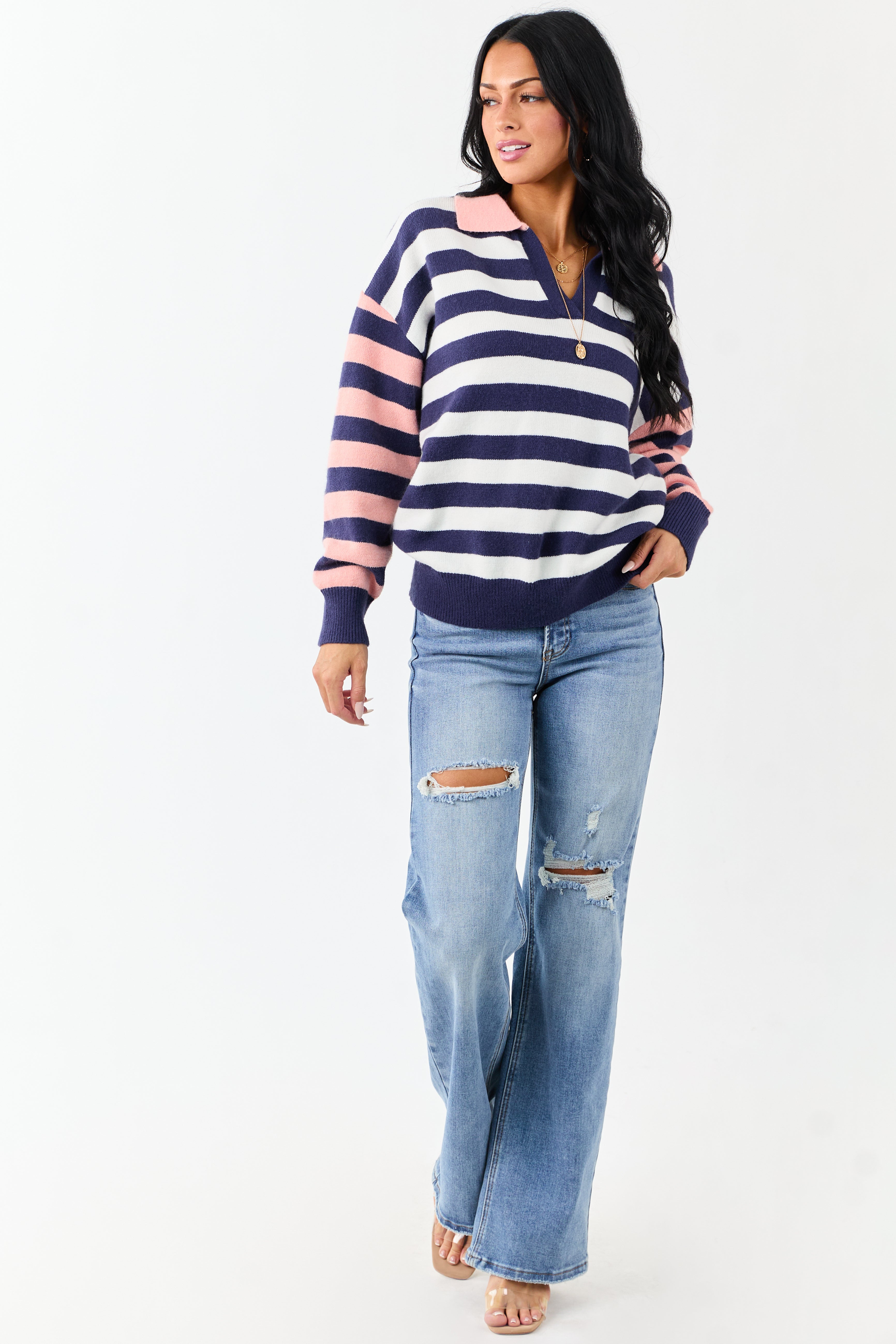 Lovelo Navy and Coral Striped Collared Sweater