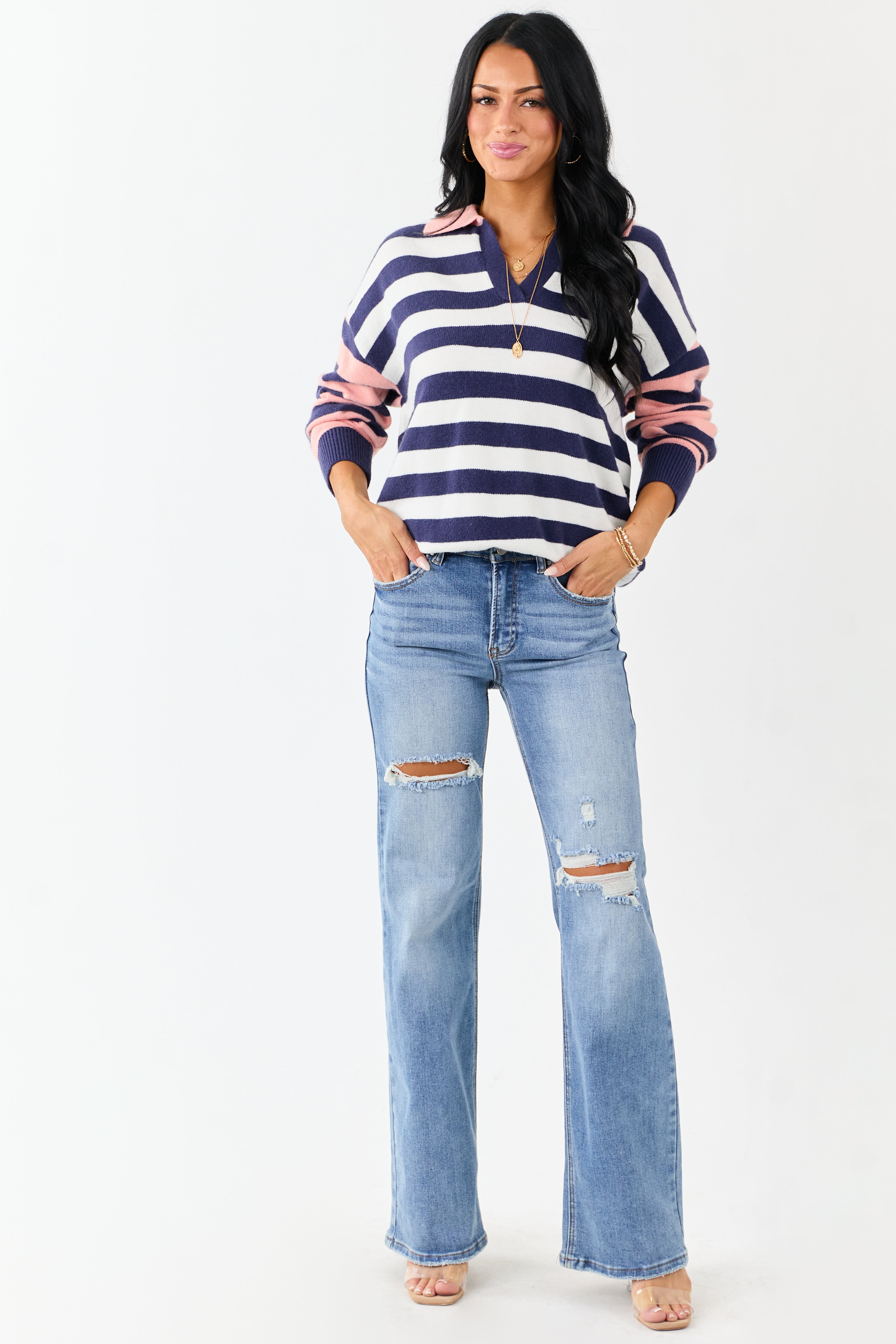 Lovelo Navy and Coral Striped Collared Sweater