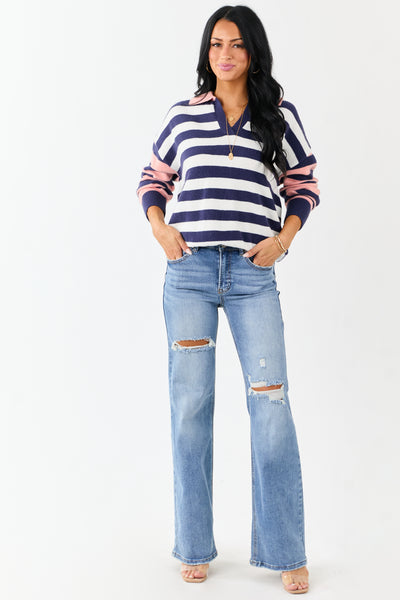 Lovelo Navy and Coral Striped Collared Sweater