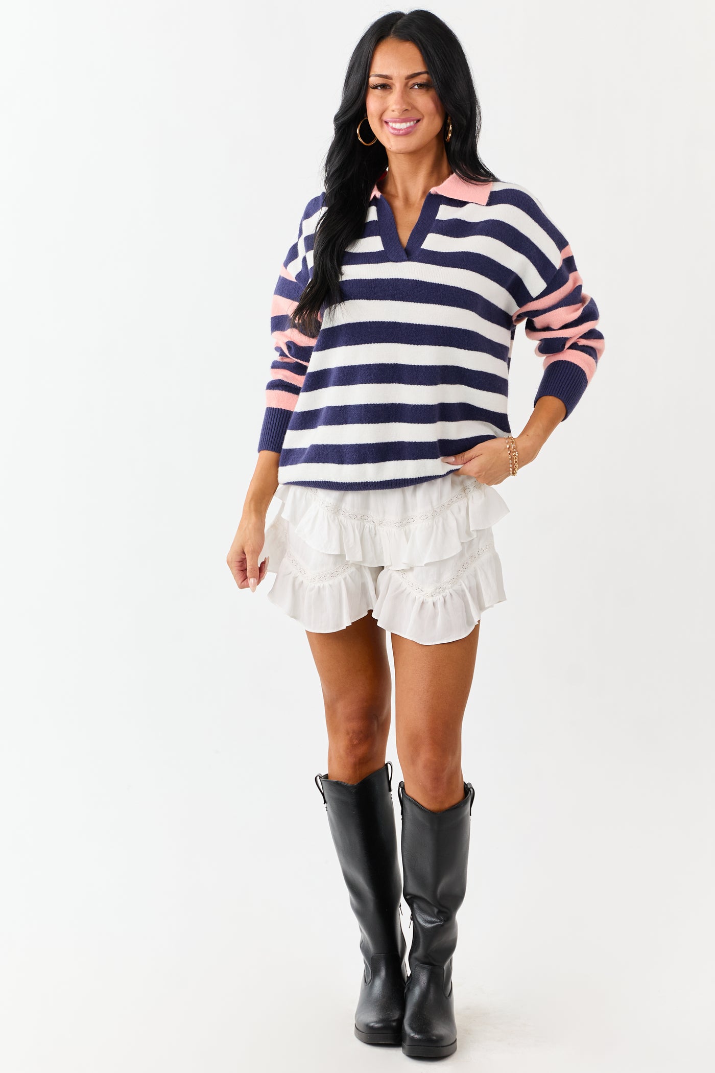 Lovelo Navy and Coral Striped Collared Sweater