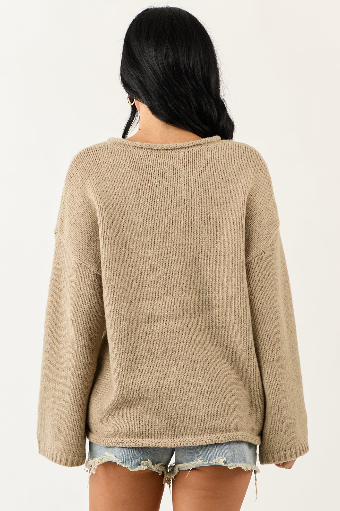 Lovelo Oatmeal V Neck Long Sleeve Chunky Knit Sweater