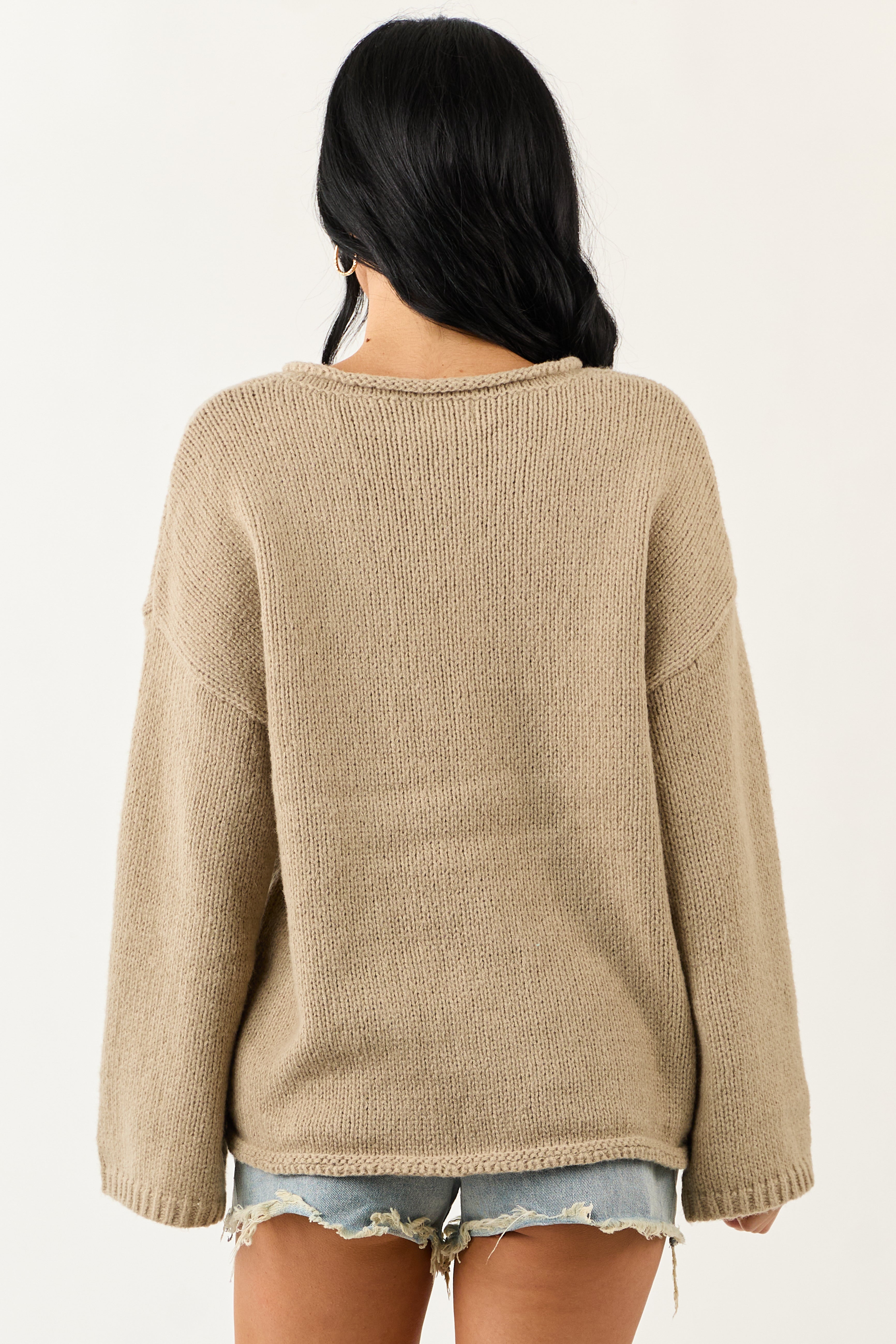 Lovelo Oatmeal V Neck Long Sleeve Chunky Knit Sweater