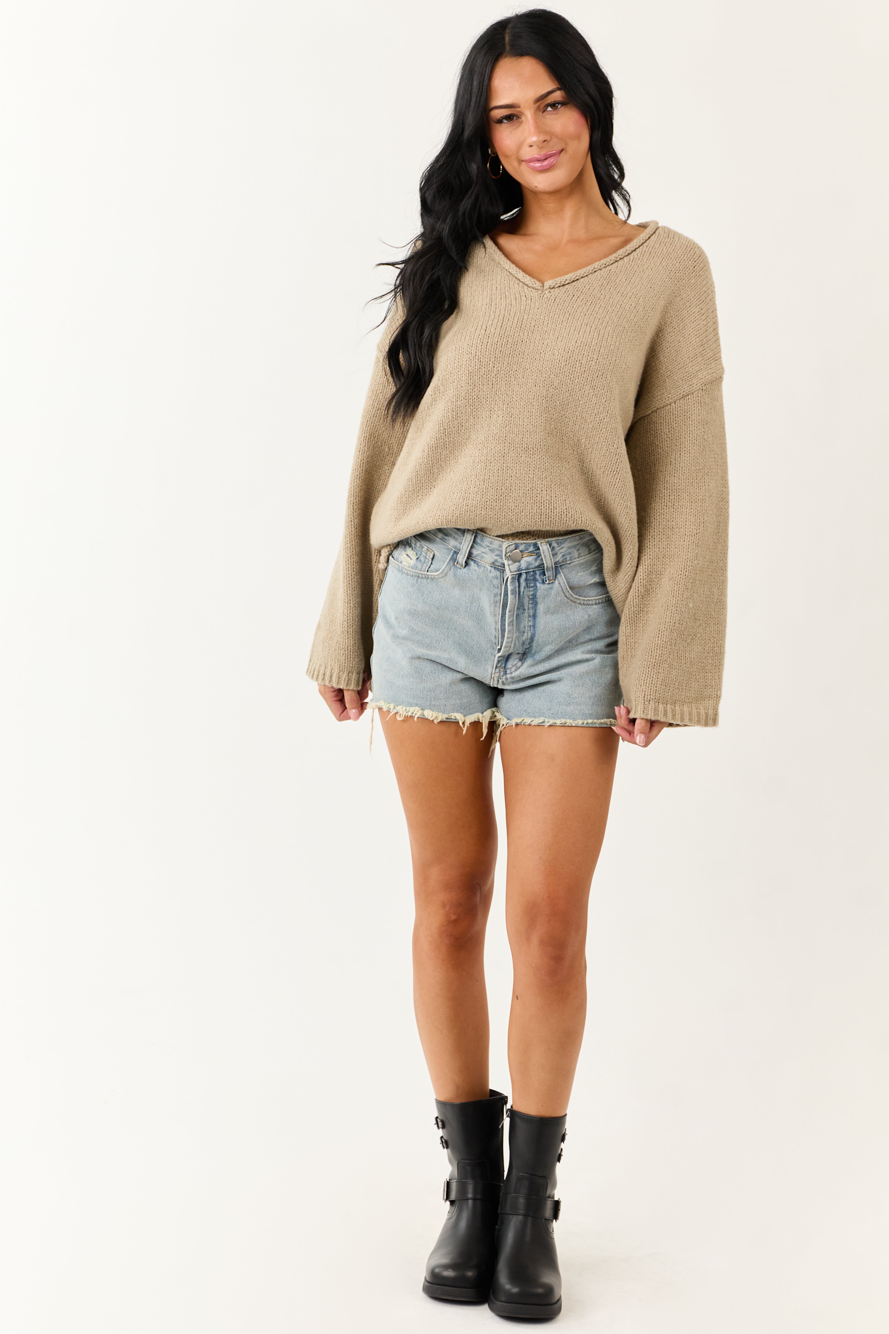 Lovelo Oatmeal V Neck Long Sleeve Chunky Knit Sweater