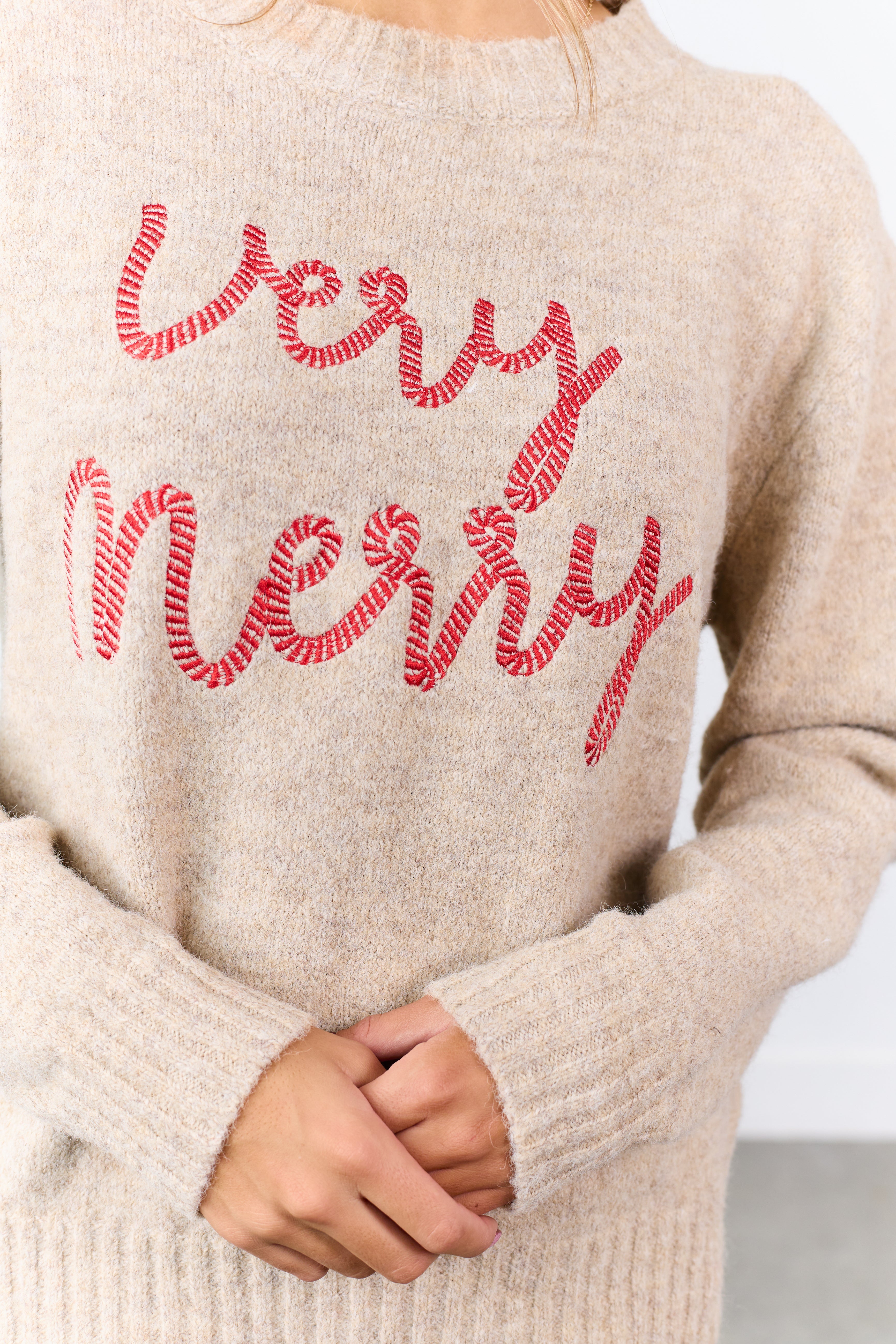 Lovelo Oatmeal 'Very Merry' Embroidered Sweater