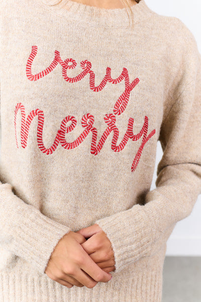 Lovelo Oatmeal 'Very Merry' Embroidered Sweater