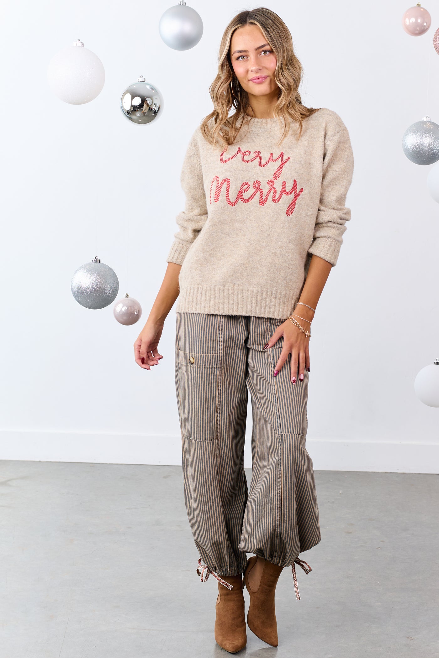 Lovelo Oatmeal 'Very Merry' Embroidered Sweater