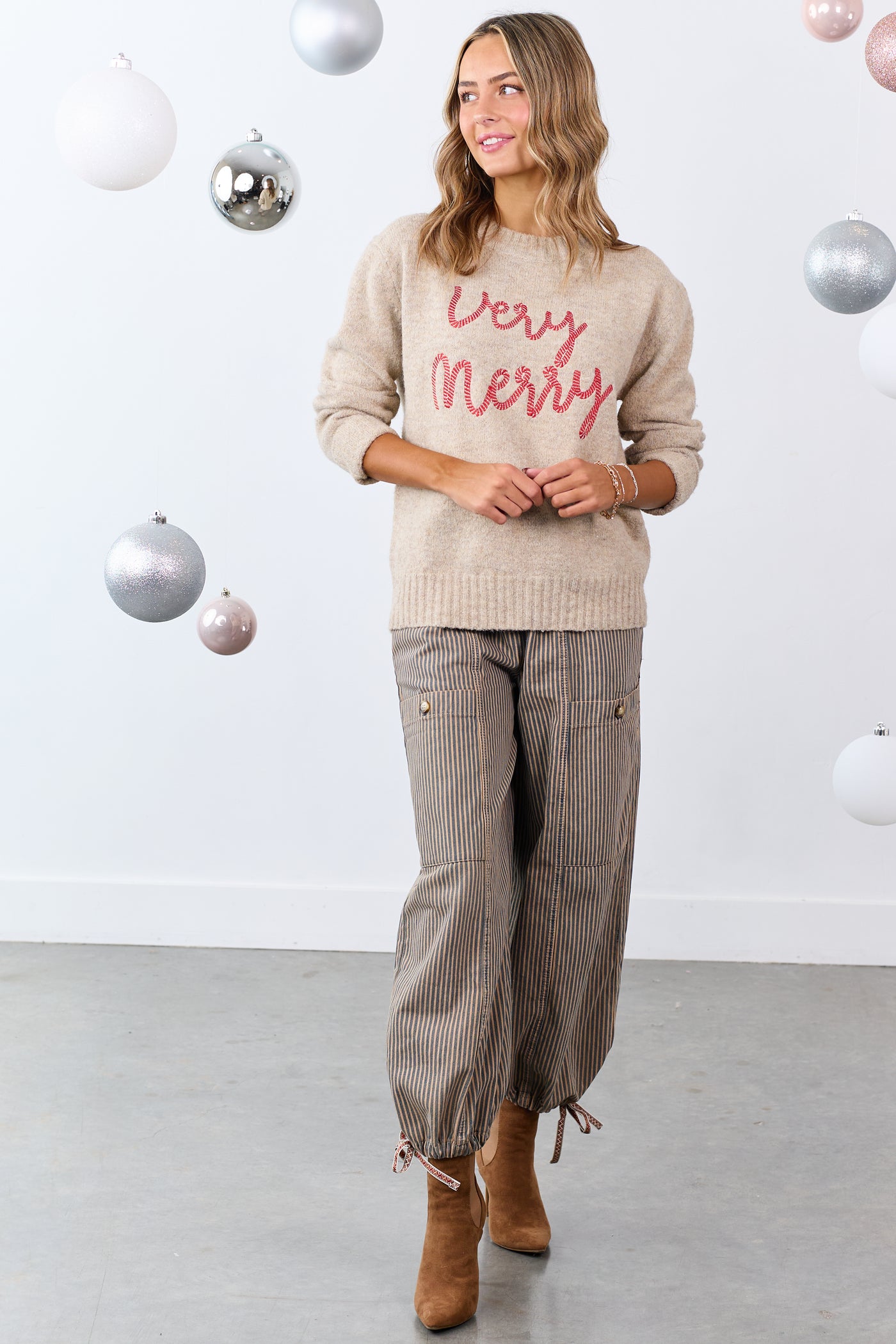 Lovelo Oatmeal 'Very Merry' Embroidered Sweater