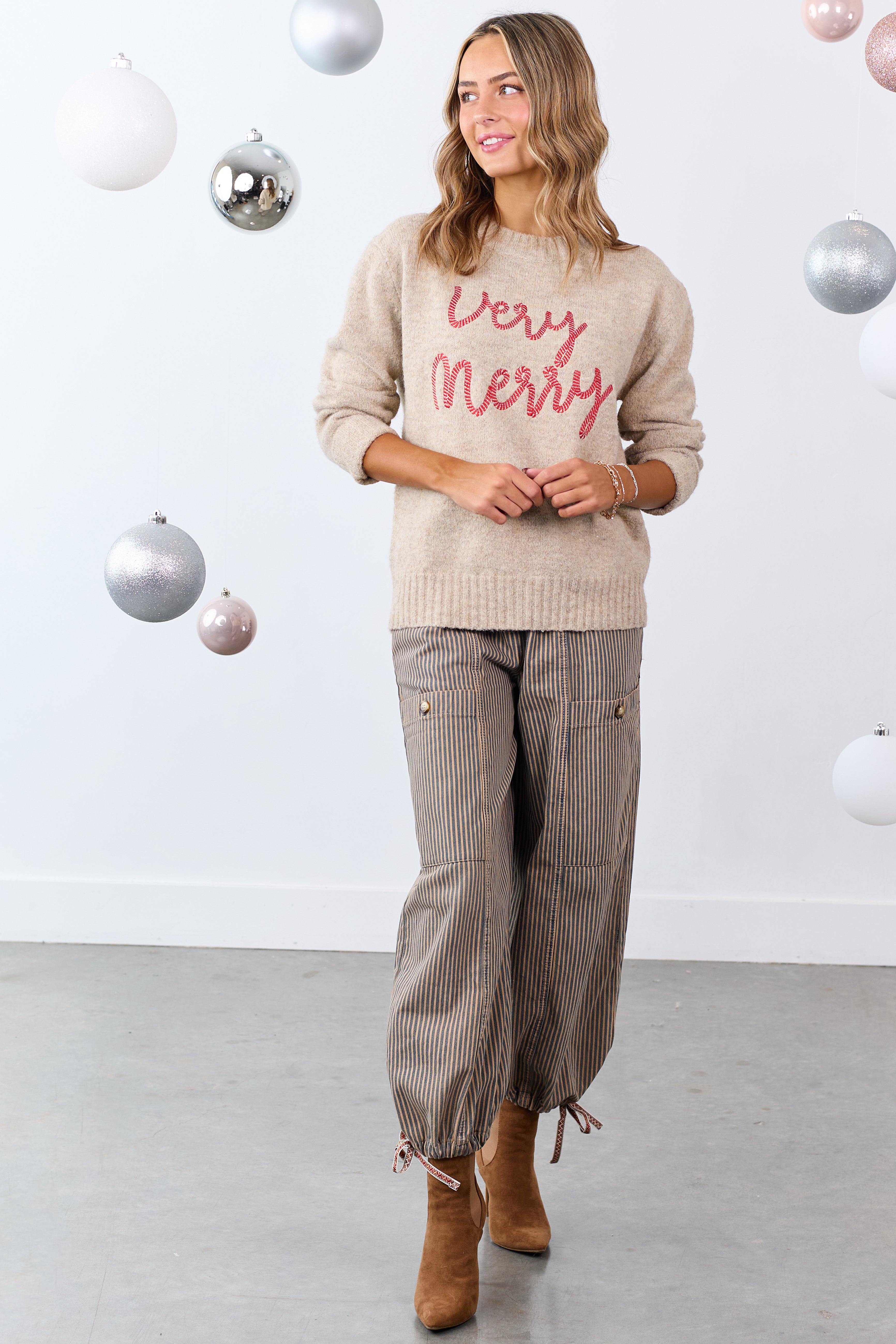 Lovelo Oatmeal 'Very Merry' Embroidered Sweater