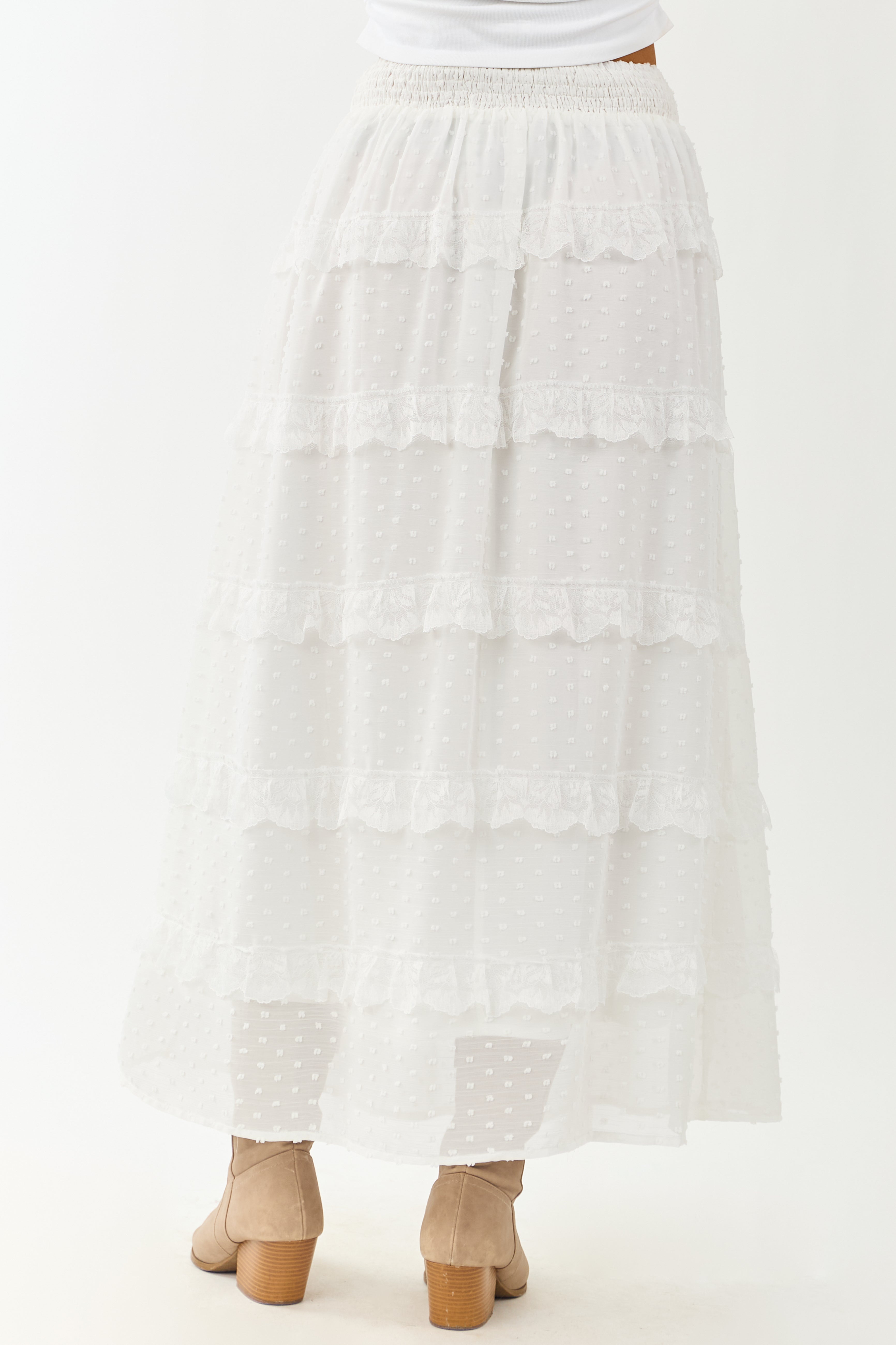 Lovelo Off White Lace Swiss Dot Chiffon Maxi Skirt