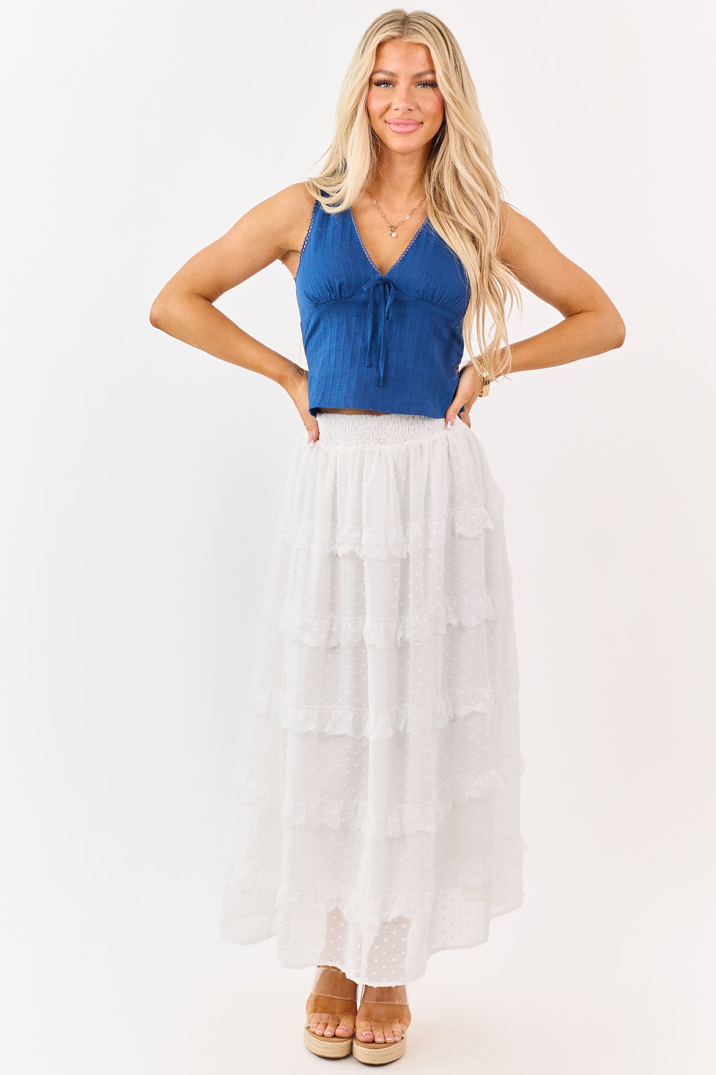 Lovelo Off White Lace Swiss Dot Chiffon Maxi Skirt