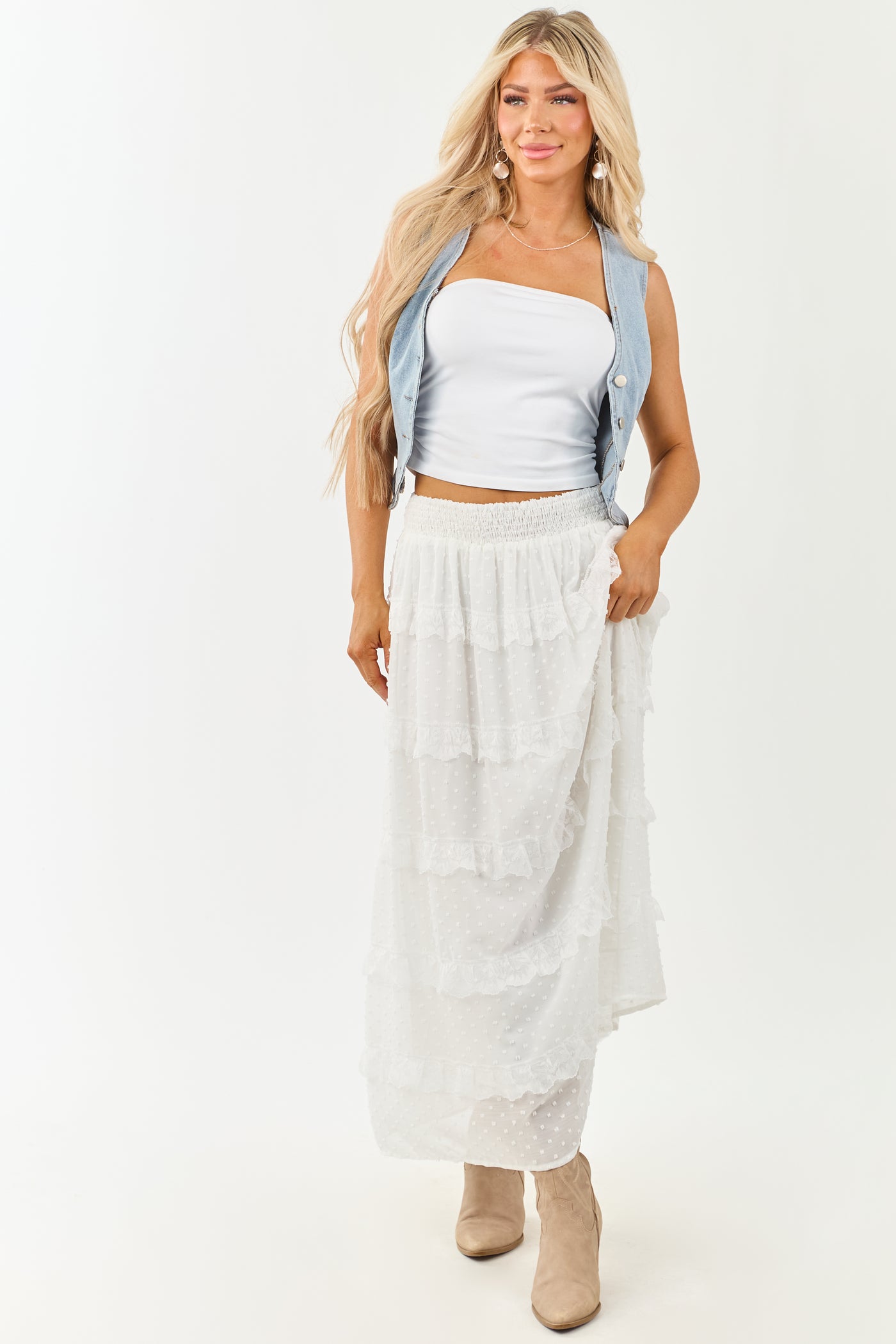 Lovelo Off White Lace Swiss Dot Chiffon Maxi Skirt