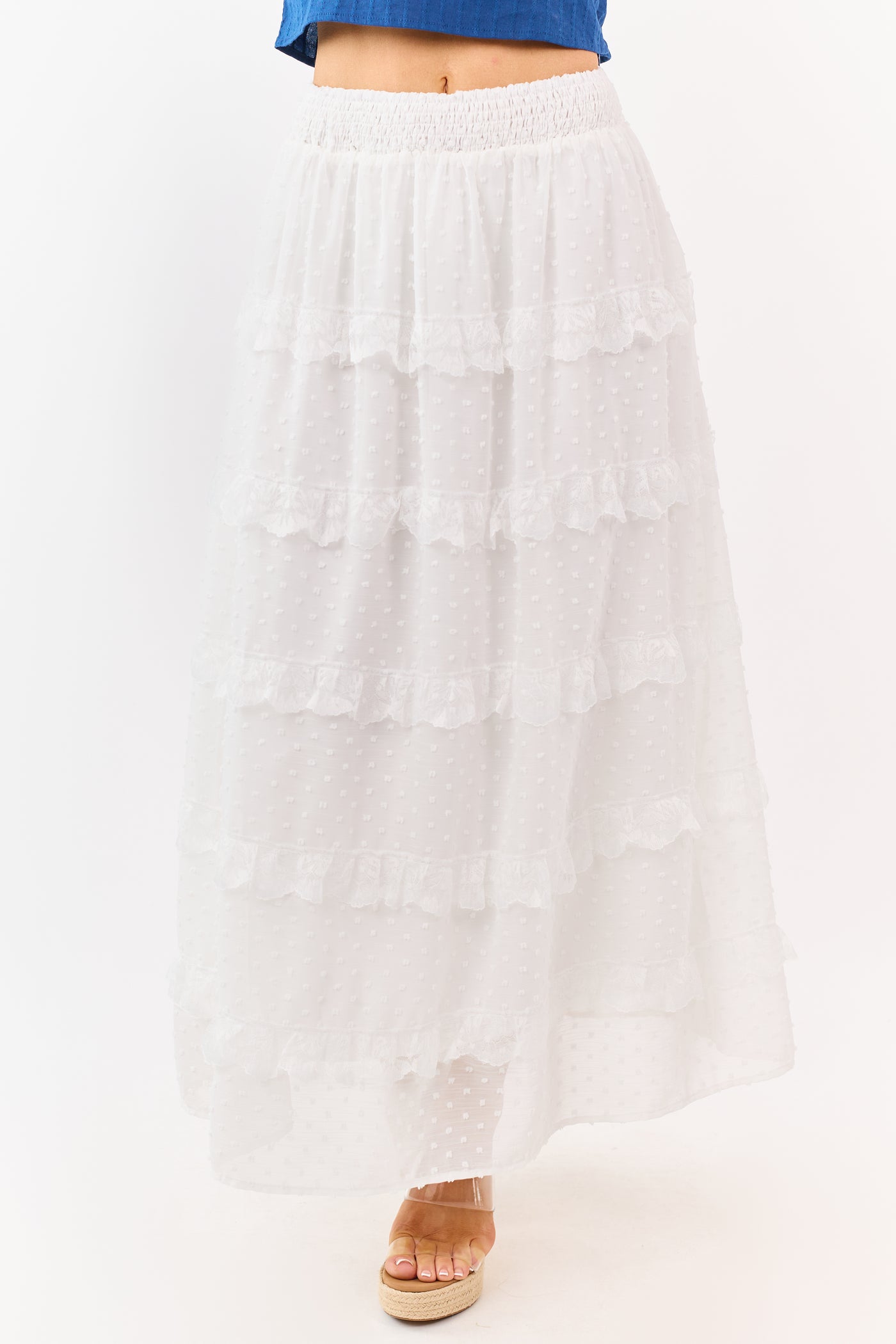 Lovelo Off White Lace Swiss Dot Chiffon Maxi Skirt